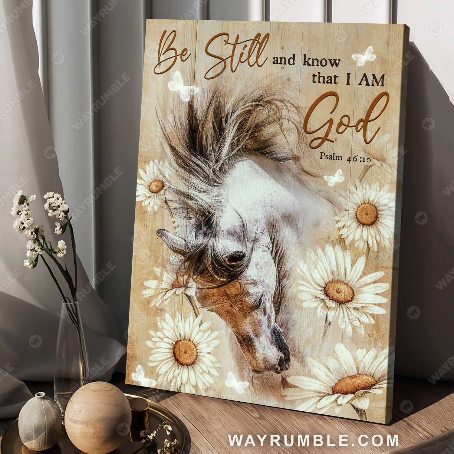 White horse painting, Among the flowers, Be still and know that I am God - Jesus Portrait Canvas Prints, Christian Wall Art