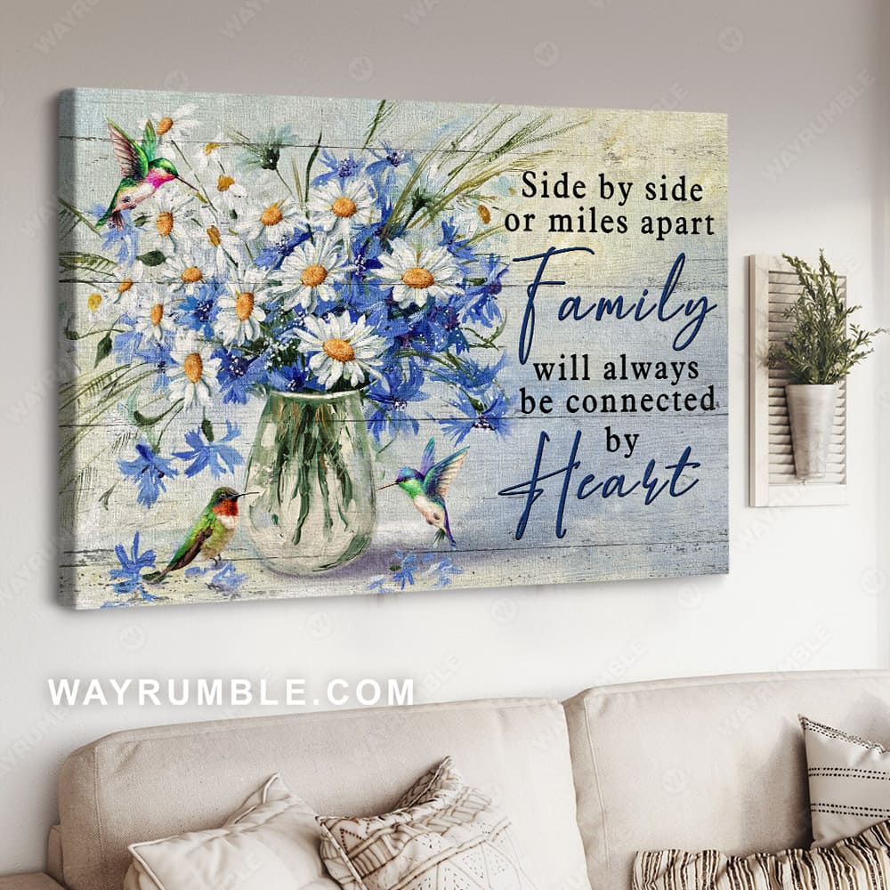 Daisy and blue flower vase, Vintage painting, Still life, Family will always be connected by heart - Jesus Landscape Canvas Prints, Christian Wall Art
