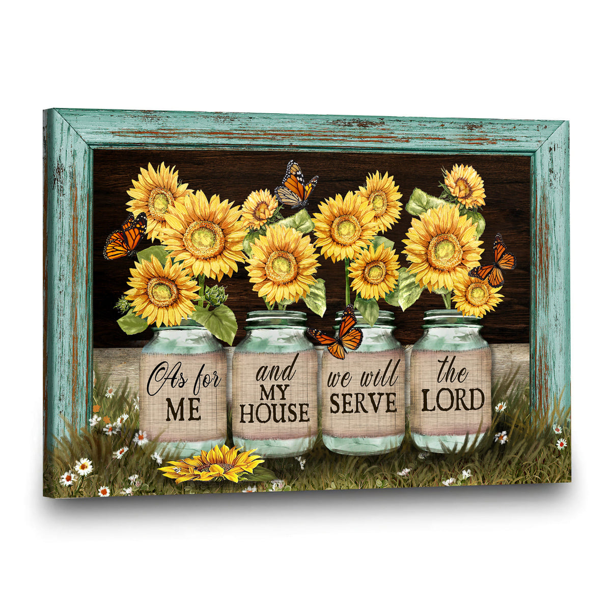 Beautiful sunflower jars, Butterfly, Picture frame, We will serve the lord - Jesus Landscape Canvas Prints, Wall Art