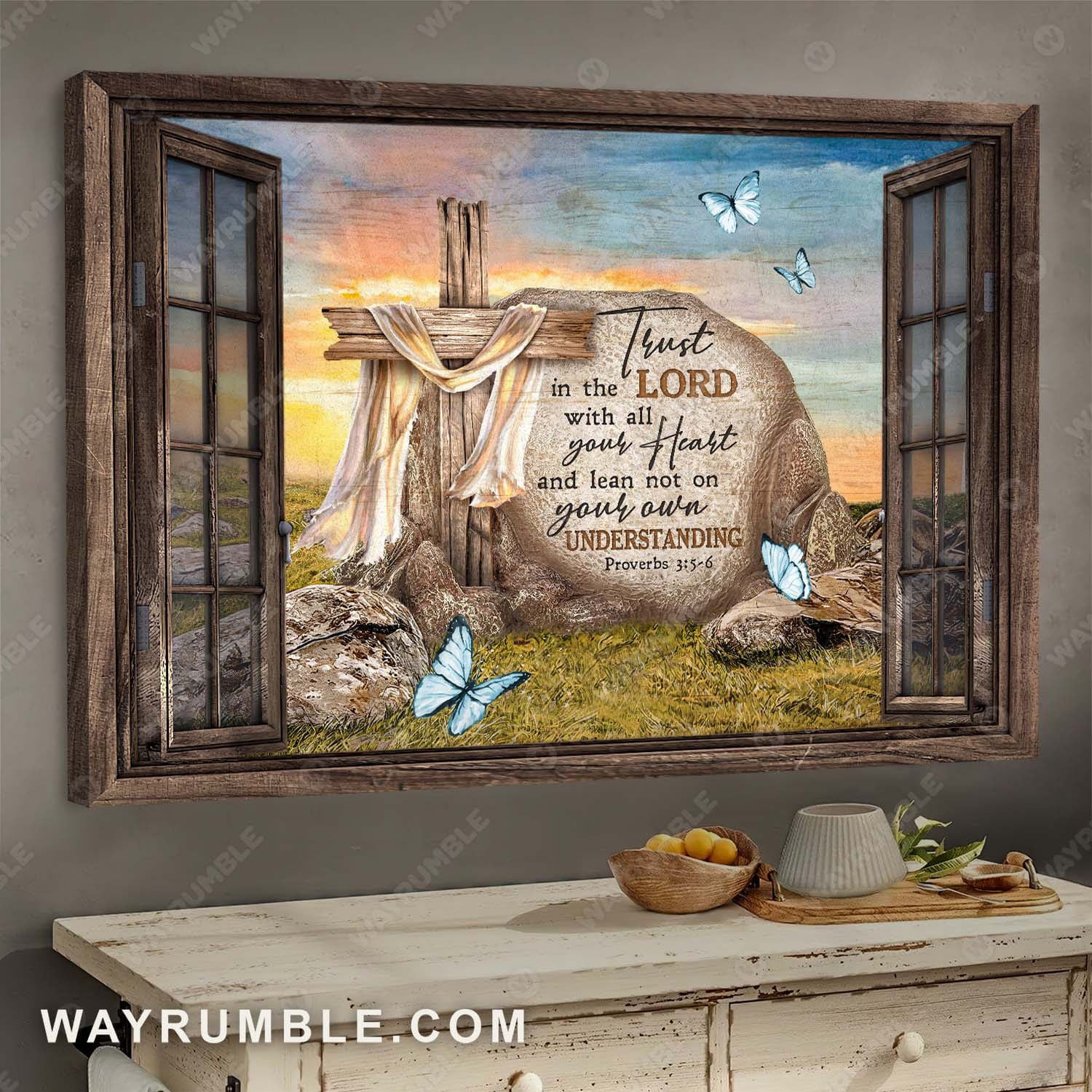 The stone, Wooden cross, The beautiful sunrise, Trust Lin the Lord - Jesus Landscape Canvas Prints, Wall Art