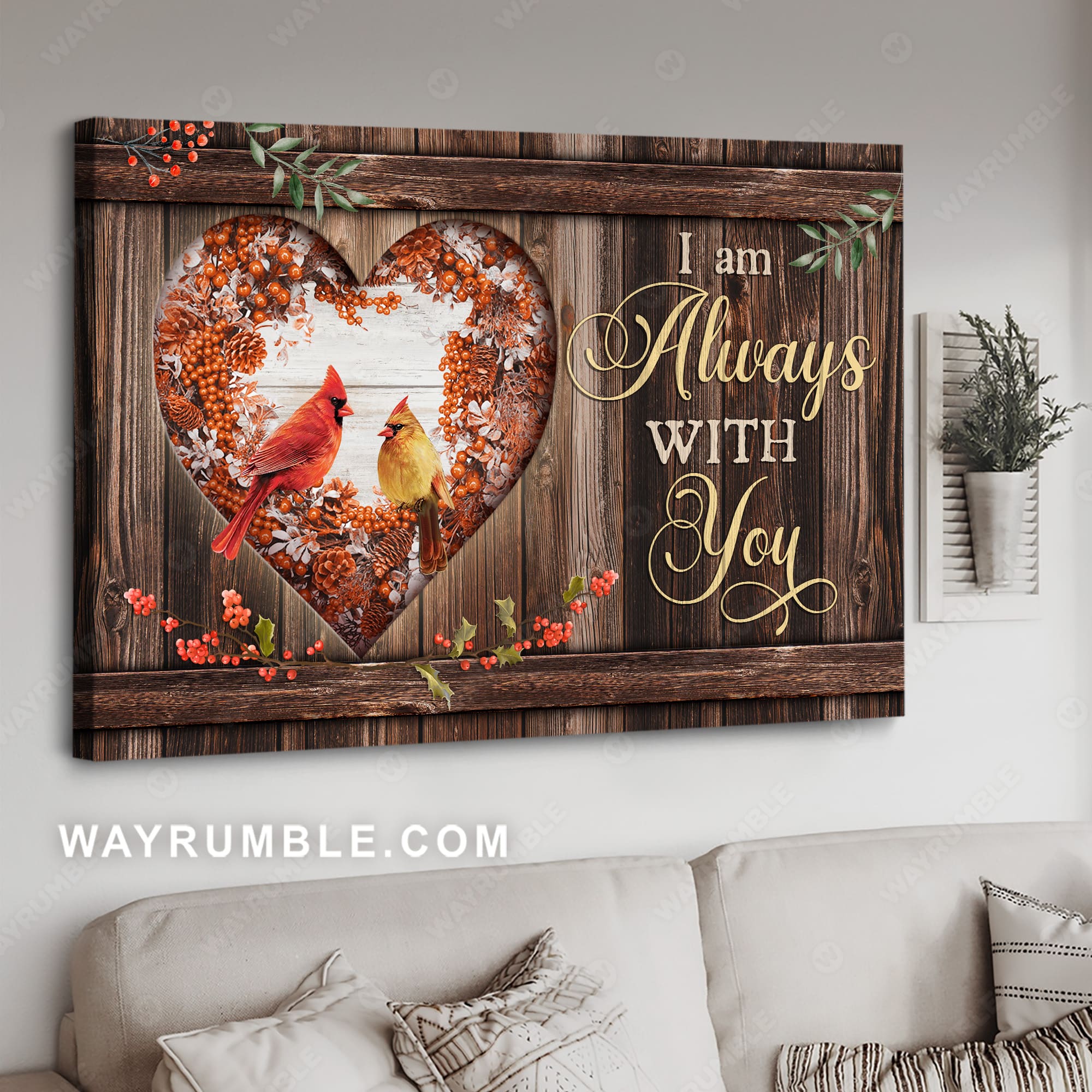 Cardinal painting, Heart shape wooden window, I am always with you - Jesus Landscape Canvas Prints, Wall Art
