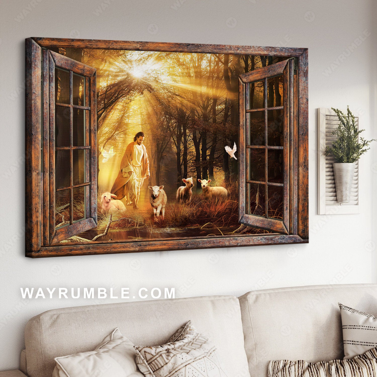 Jesus painting, Lambs painting, Walking with Jesus, Into the beautiful forest -Jesus, Window frame Landscape Canvas Prints, Wall Art 