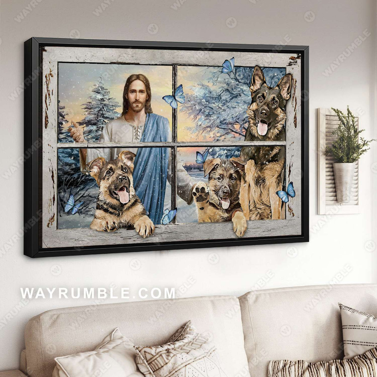 Jesus painting, Winter garden, German Shepherd drawing, A playful day with Jesus - Jesus Landscape Canvas Prints, Christian Wall Art