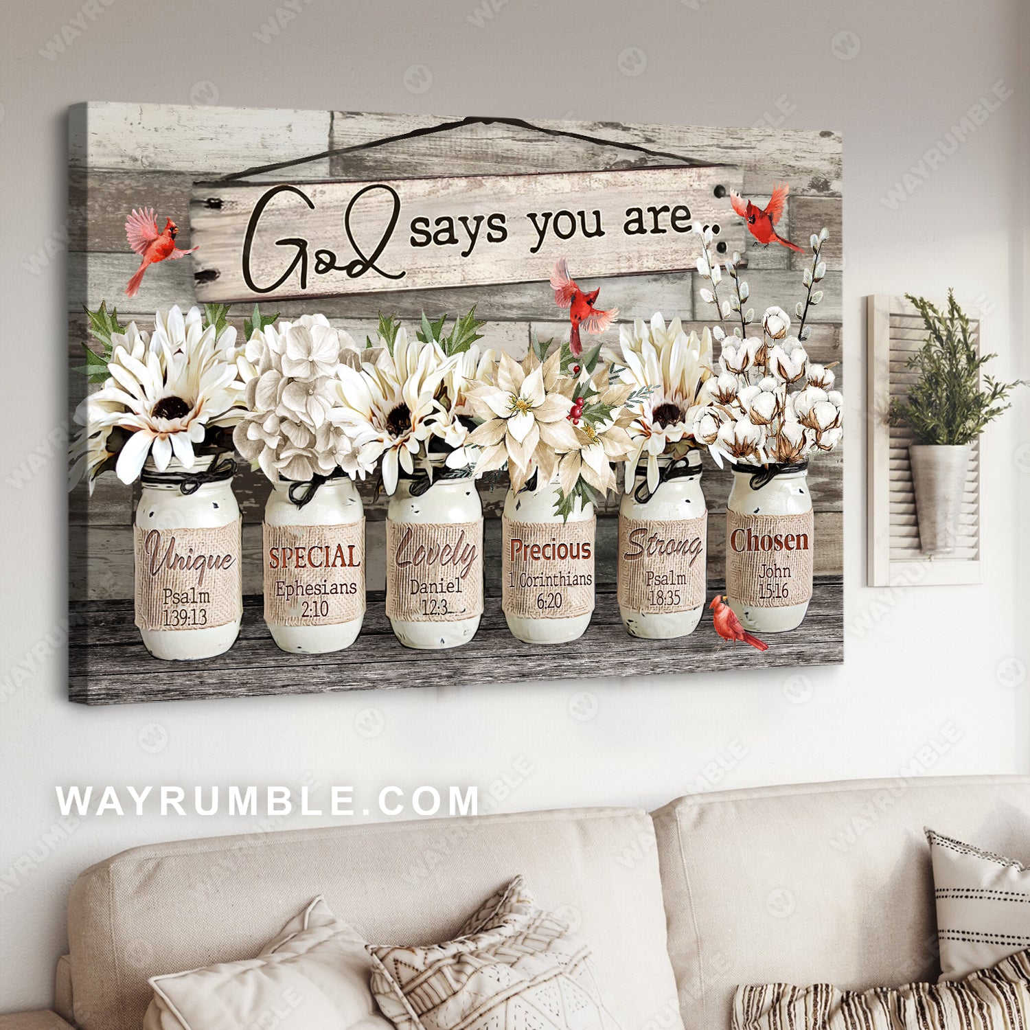Cardinal, White flower vase, Still life, God says you are - Jesus Landscape Canvas Prints, Christian Wall Art