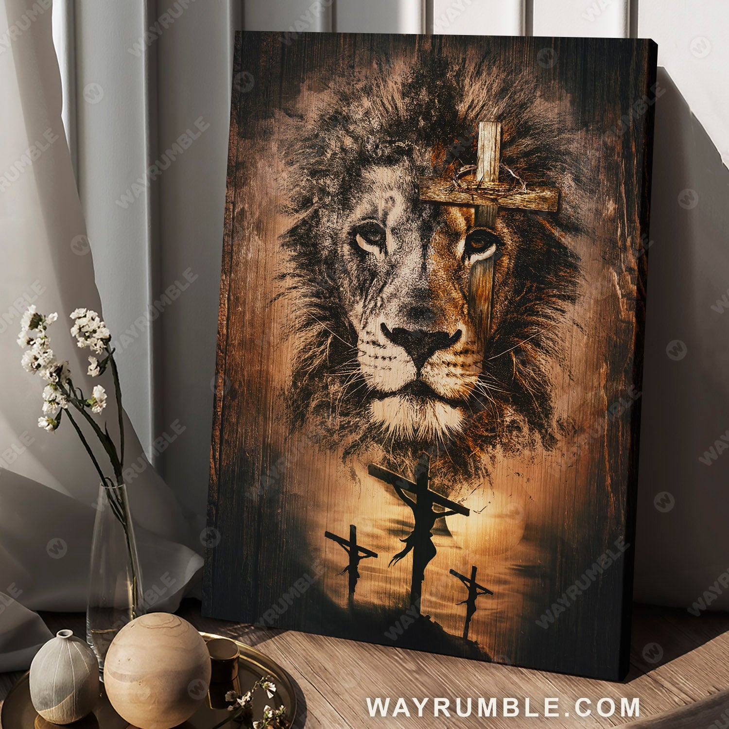 Lion painting, Lion of Judah, The rugged cross and amazing lion - Jesus Portrait Canvas Prints, Christian Wall Art