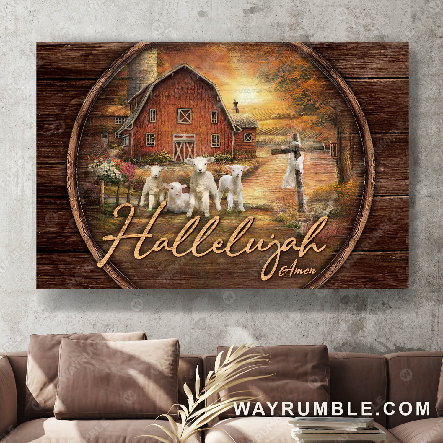 Barn house painting, Sunset on the farm, Hallelujah - Jesus Landscape Canvas Prints, Wall Art