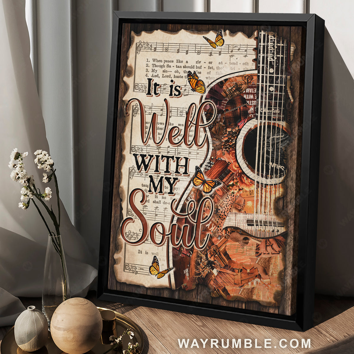 Beautiful guitar, Monarch butterfly, Music sheet, It is well with my soul - Jesus Portrait Canvas Prints, Home Decor Wall Art