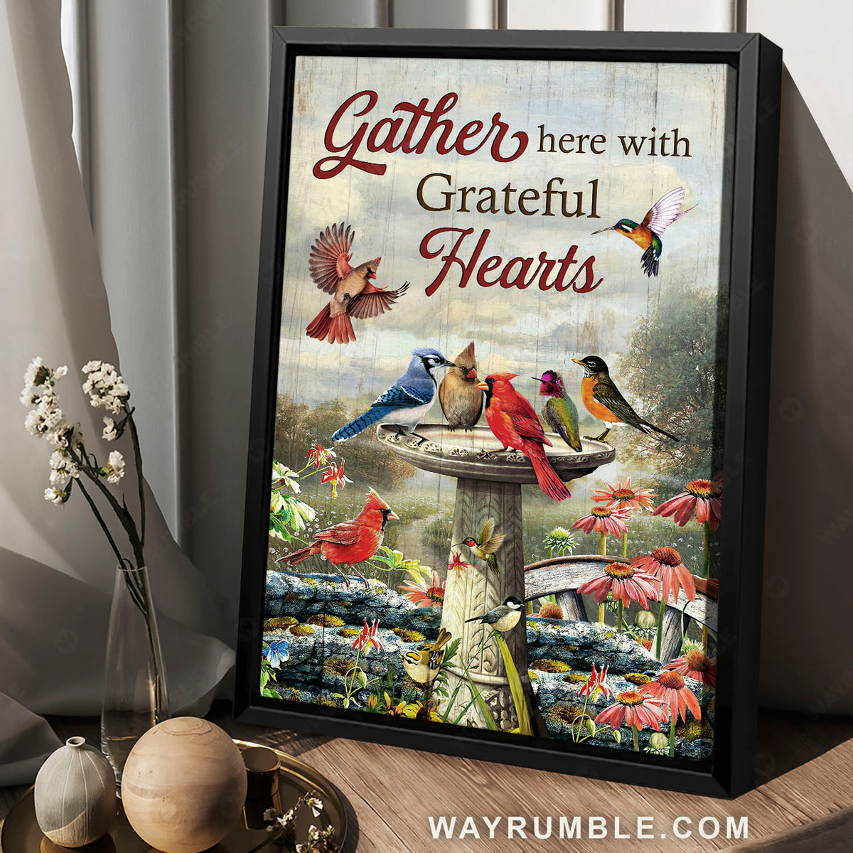 Northern Cardinal, Hummingbirds, Rock water fountain, Gather here with grateful hearts - Jesus Portrait Canvas Prints, Christian Wall Art