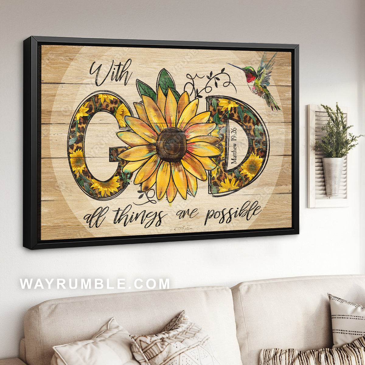 Sunflower drawing, Green hummingbird, With God all things are possible - Jesus Landscape Canvas Prints, Christian Wall Art