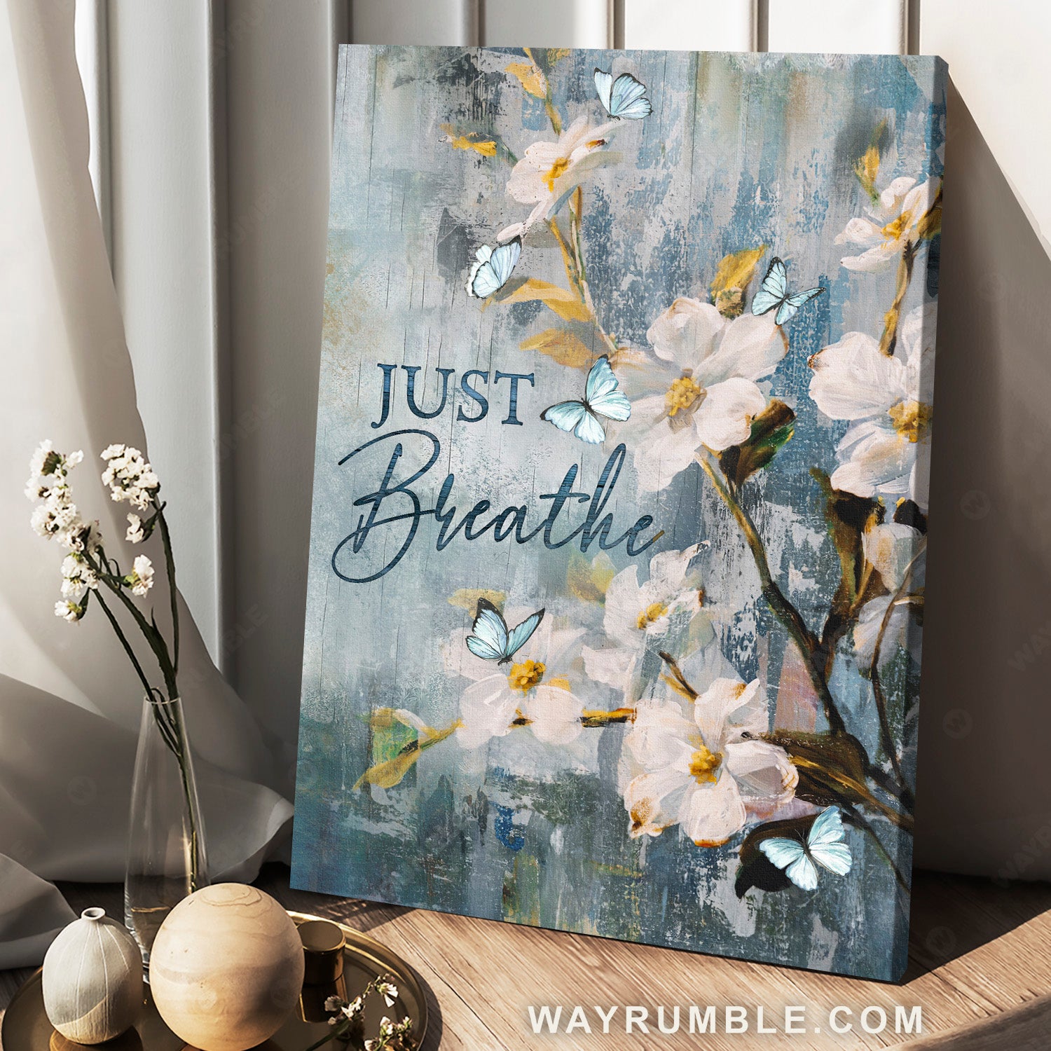 Watercolor white flower, Light blue butterfly, Just breathe - Jesus Portrait Canvas Prints, Home Decor Wall Art