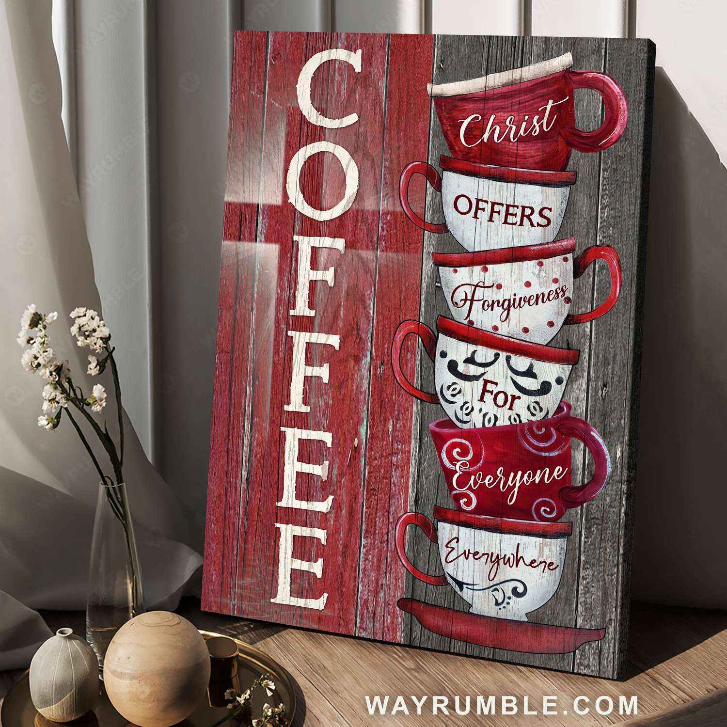 Coffee cups, Stacked cups, Red and white, Christ offers forgiveness - Jesus Portrait Canvas Prints, Christian Wall Art