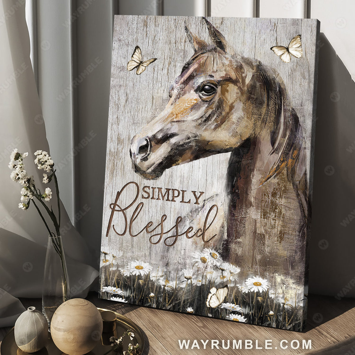 Brown horse painting, Among the daisy, Simply Blessed - Jesus Portrait Canvas Prints, Christian Wall Art