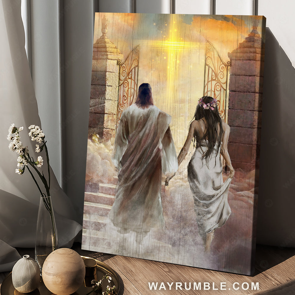 Walking with Jesus, The way to heaven, Yellow cross, Beautiful heaven - Jesus Portrait Canvas Prints, Christian Wall Art