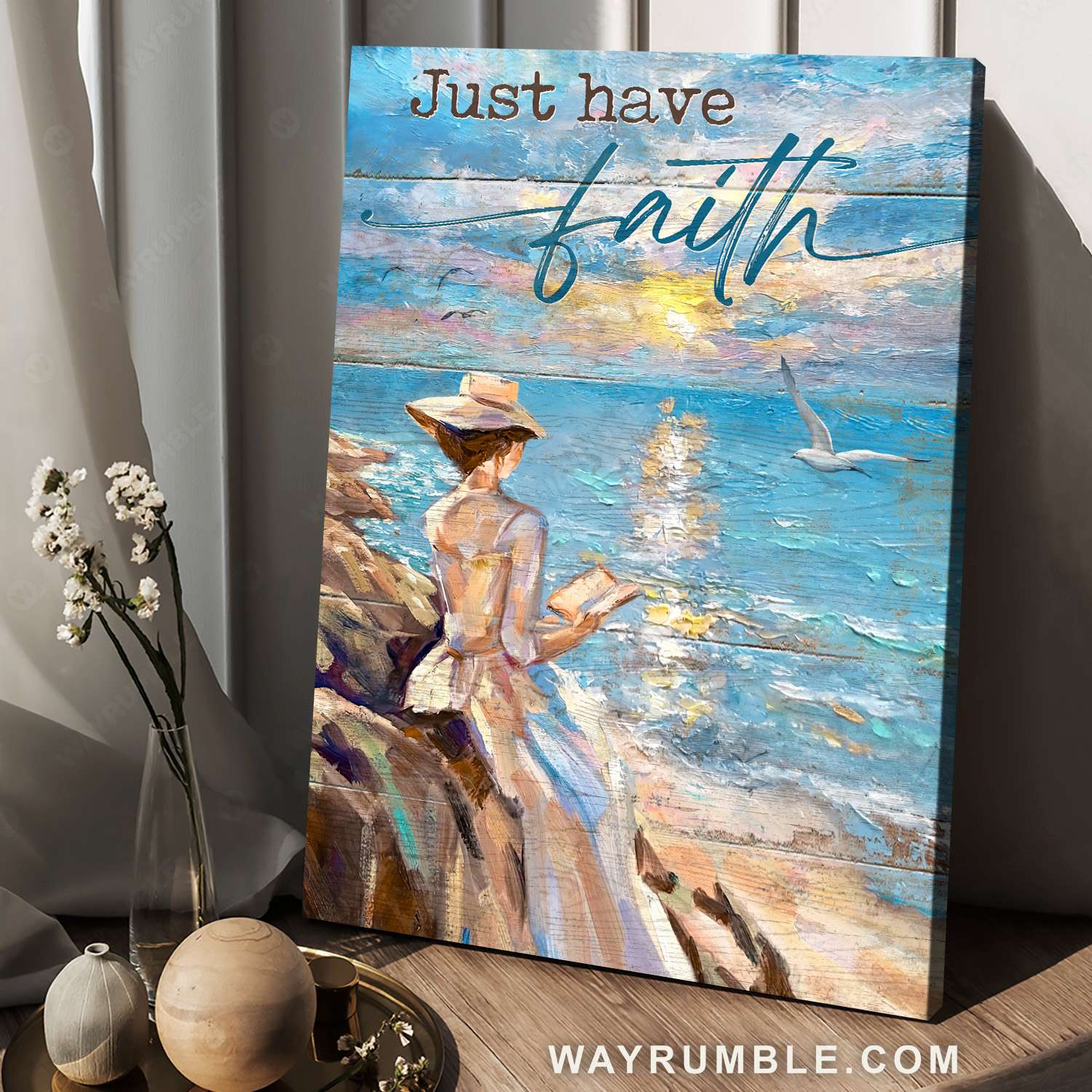 Beautiful lady, Reading book, Sunrise ocean, Flying seagull, Just have faith - Jesus Portrait Canvas Prints, Christian Wall Art