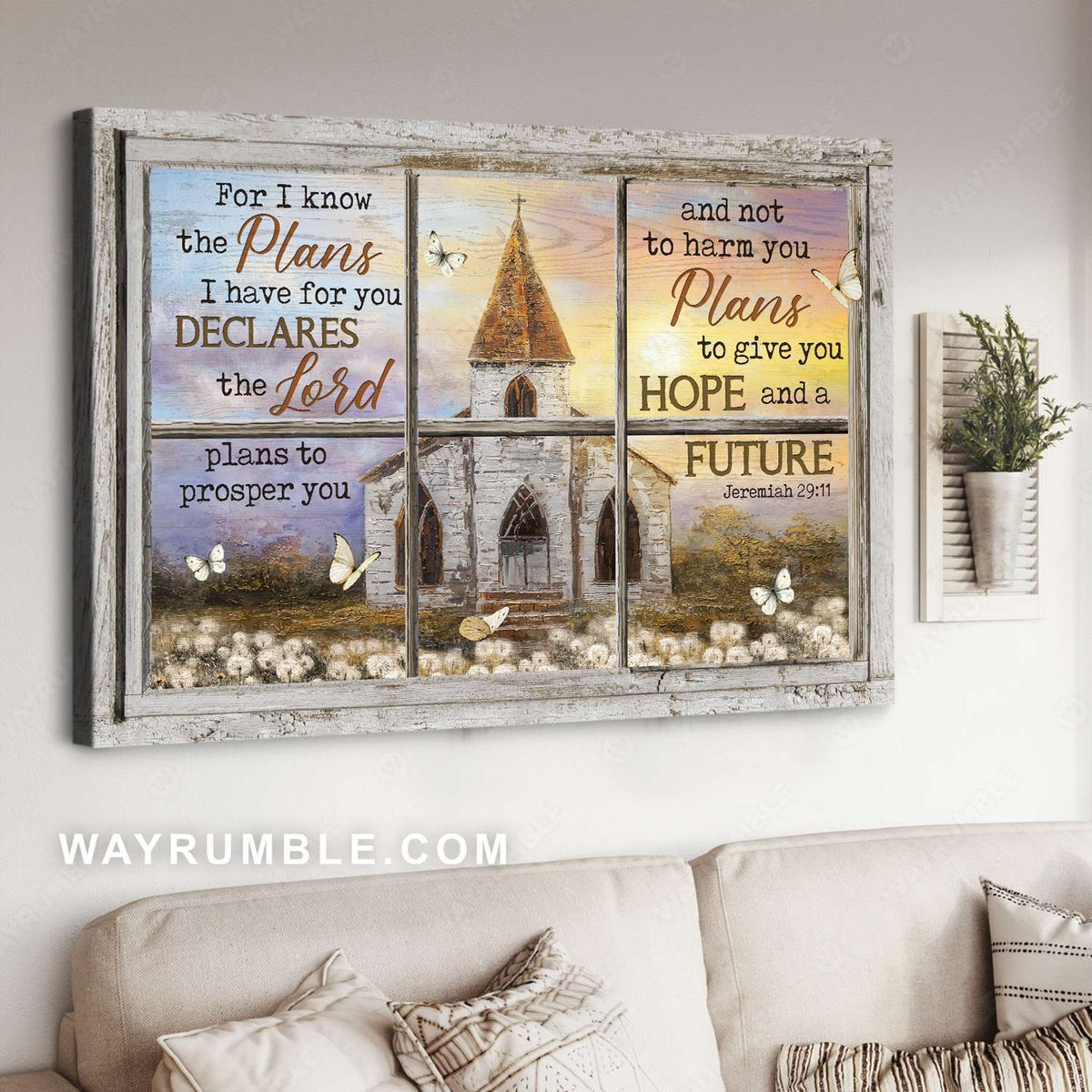 White church, Dandelion, Sunset view, For I know the plans - Jesus Landscape Canvas Prints, Christian Wall Art