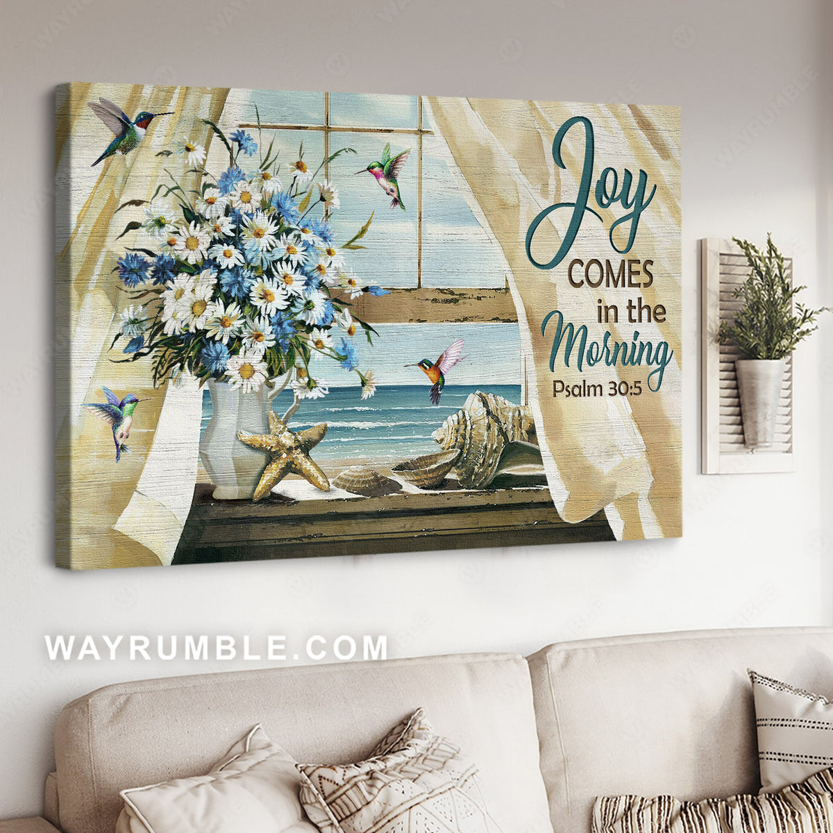 Cornflower blue, White daisy, Hummingbirds, Beach view, Joy comes in the morning - Jesus Landscape Canvas Prints, Christian Wall Art