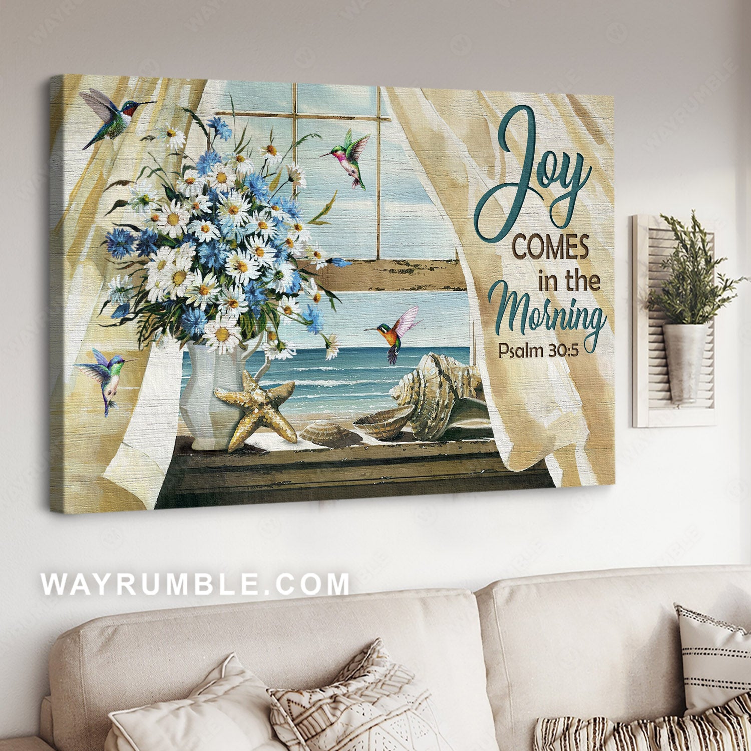 Cornflower blue, White daisy, Hummingbirds, Beach view, Joy comes in the morning - Jesus Landscape Canvas Prints, Christian Wall Art