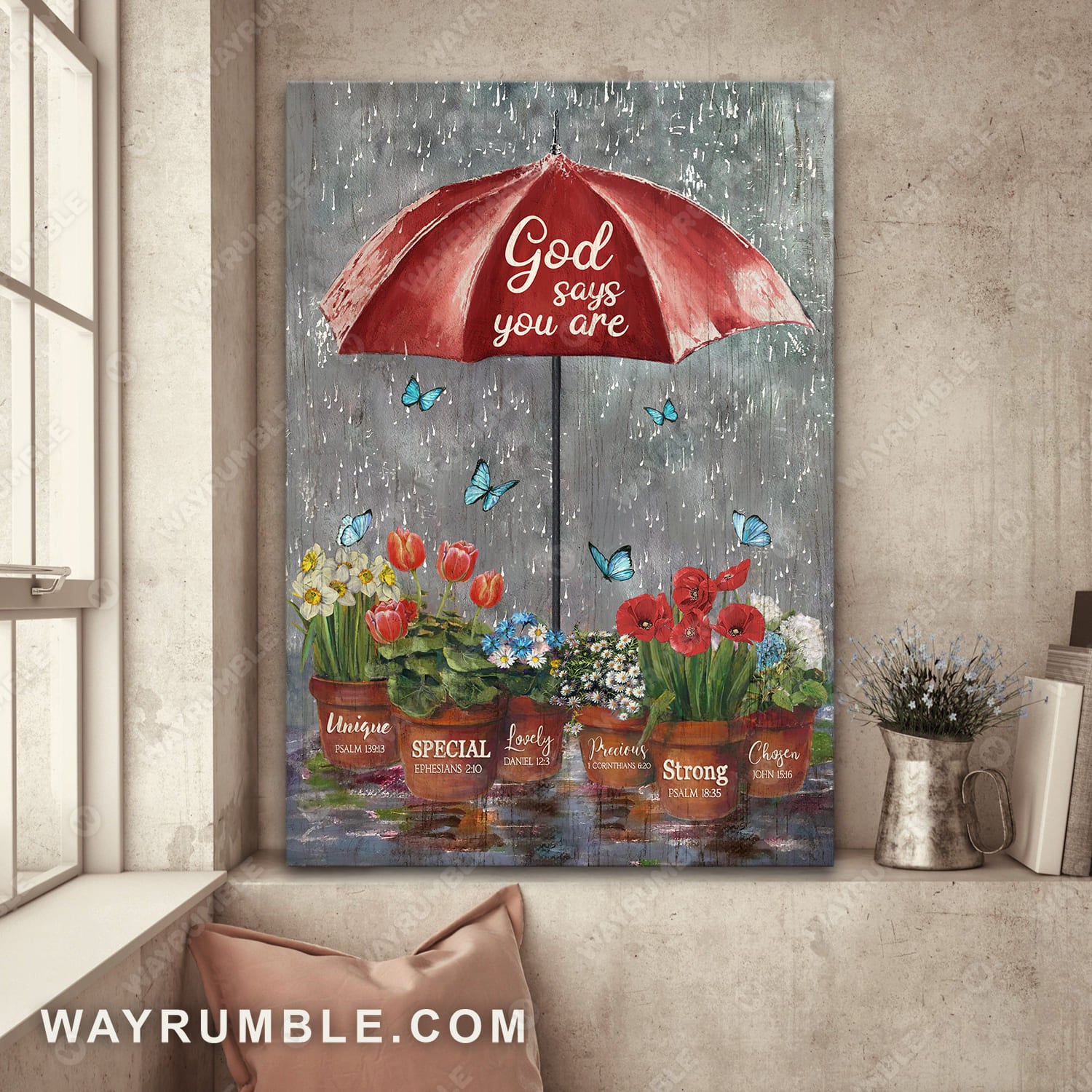 Rainy day, Red umbrella, Poinsettia flower, God says you are unique - Jesus Portrait Canvas Prints, Wall Art