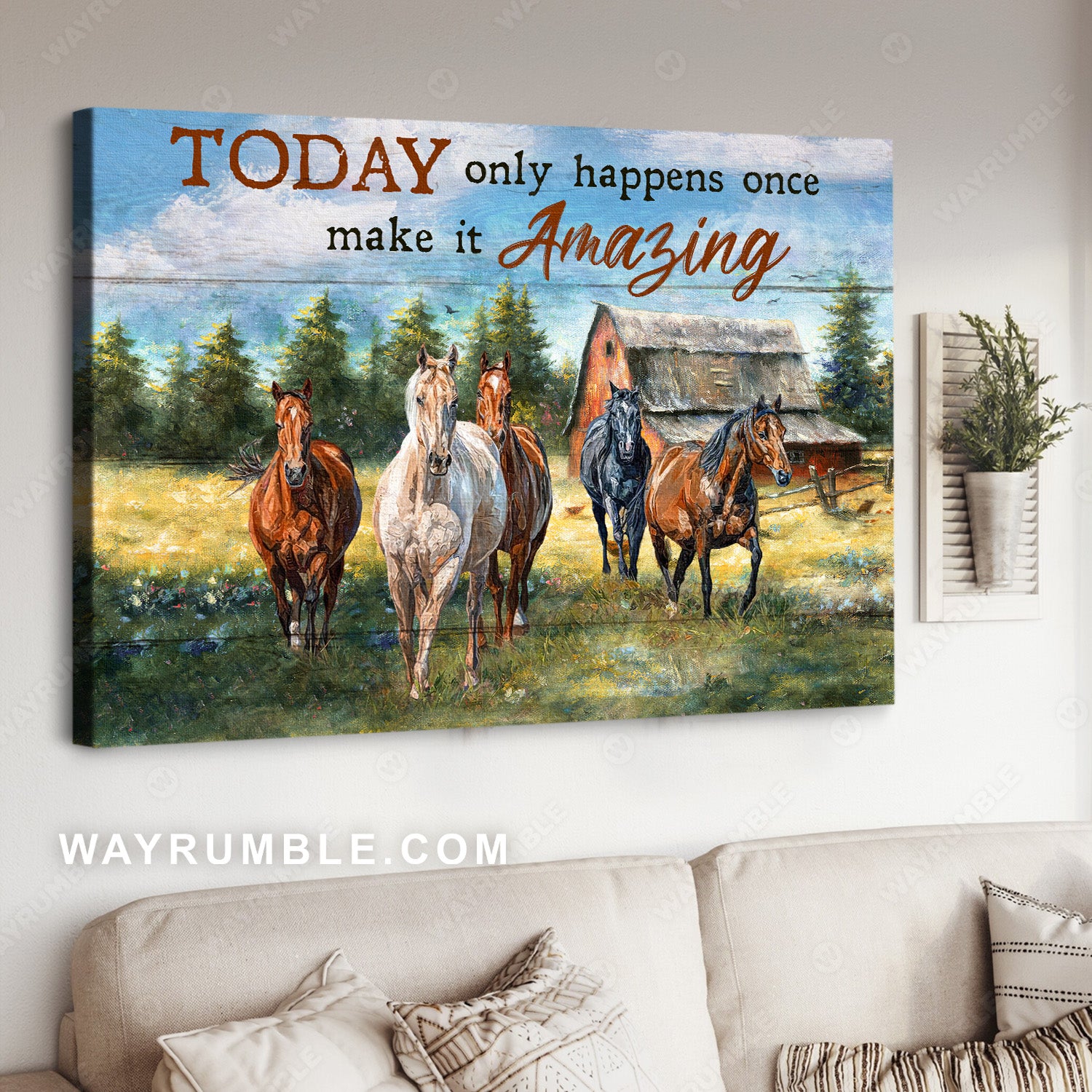 Horse running in the field, Horse painting, Countryside, Old barn house, Today only happens once, Make it Amazing - Jesus Landscape Canvas Prints, Christian Wall Art