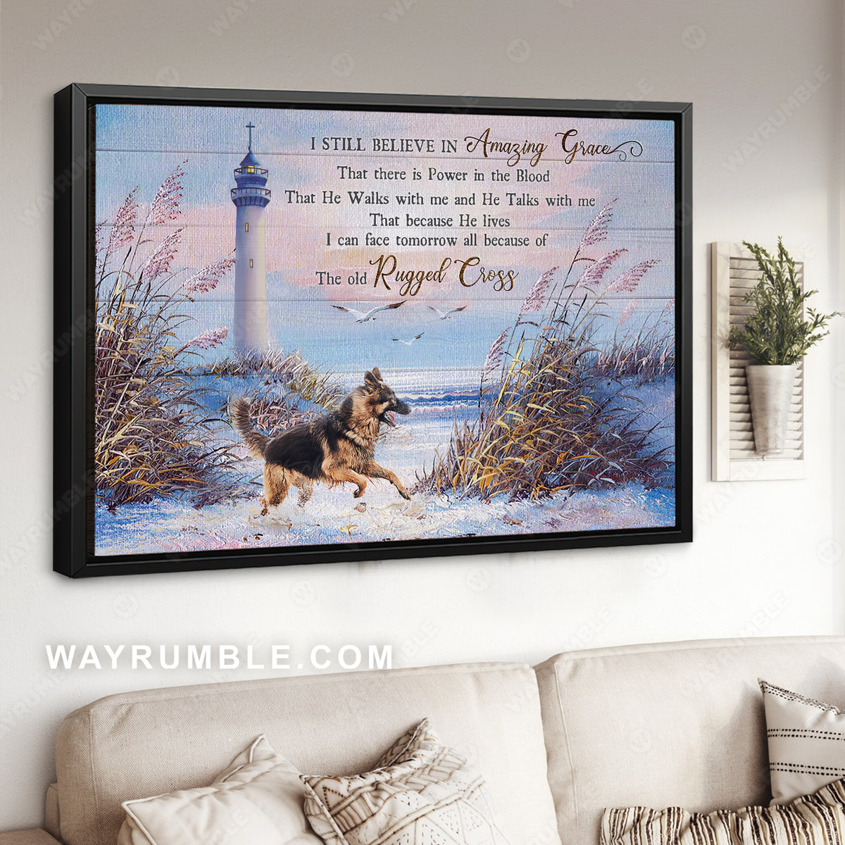 German Shepherd, Light house, Dog friendly beaches, I still believe in amazing grace - Jesus Landscape Canvas Prints, Christian Wall Art