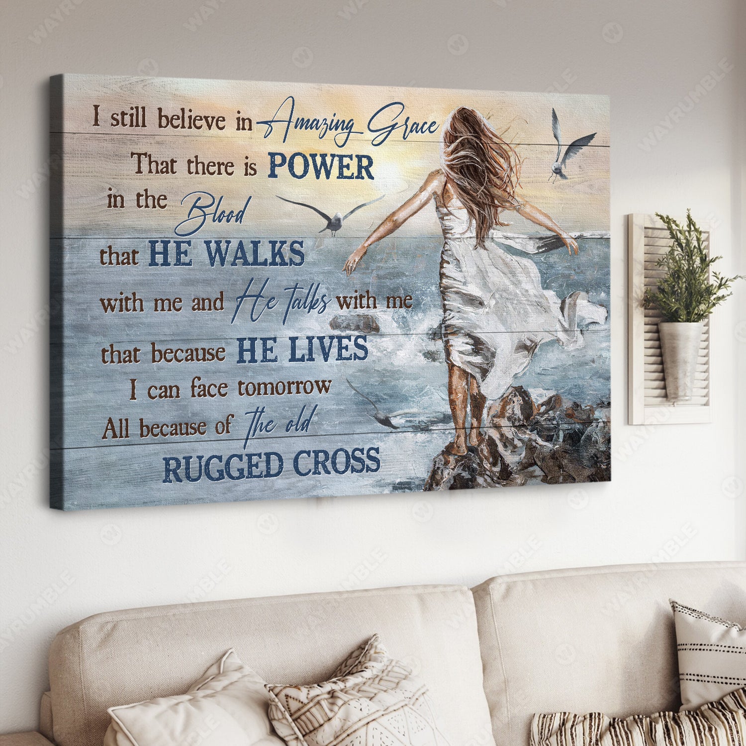 Pretty girl, Stunning ocean, Seagull painting, I still believe in amazing grace - Jesus Landscape Canvas Prints, Home Decor Wall Art