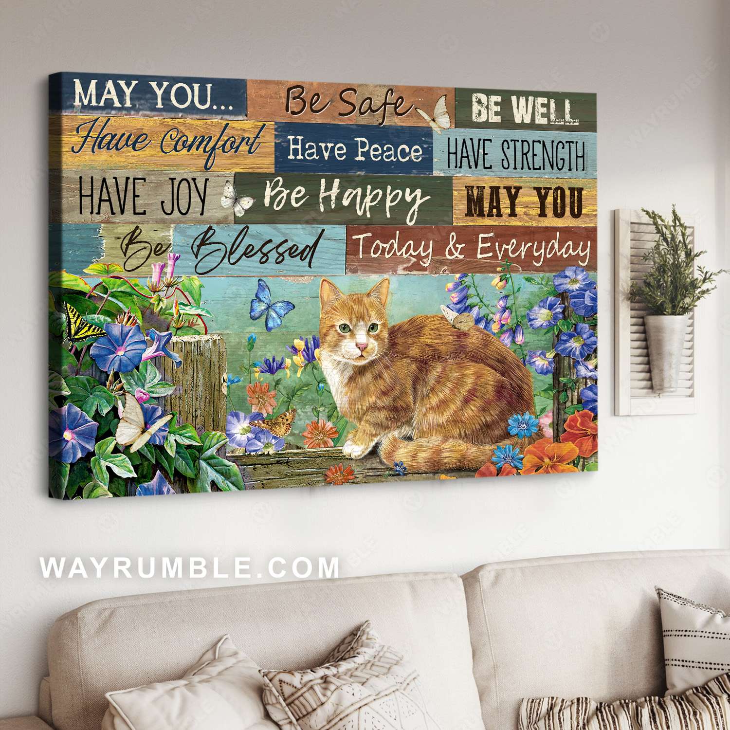 Orange tabby cat, Flower garden, May you be safe be well - Jesus Landscape Canvas Prints, Christian Wall Art