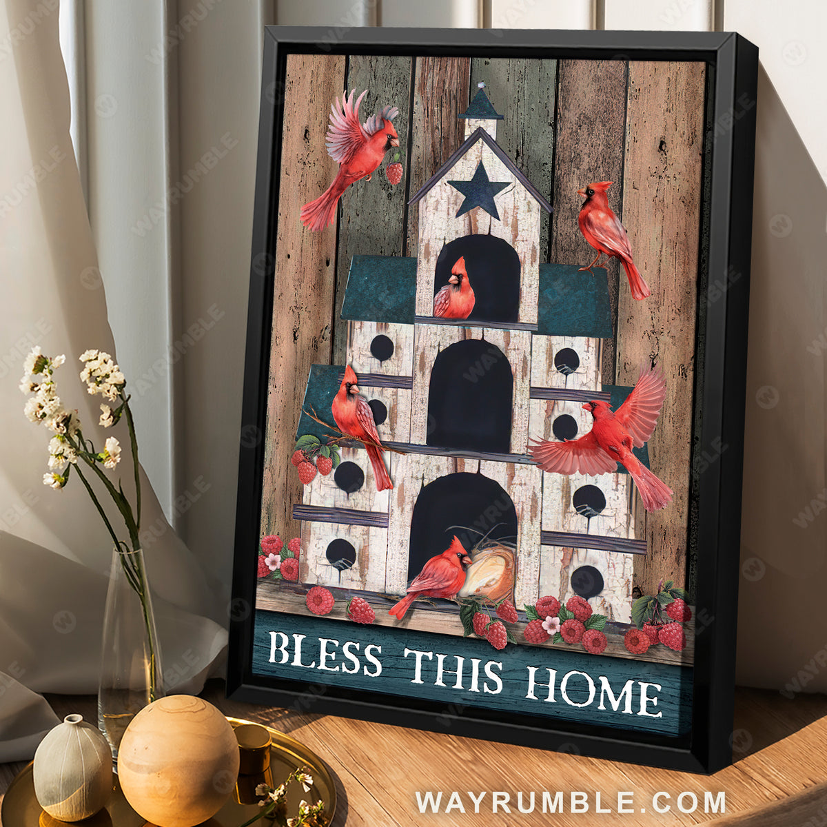Northern cardinal, Birdhouse, Raspberries, Bless this home - Jesus Portrait Canvas Prints, Christian Wall Art