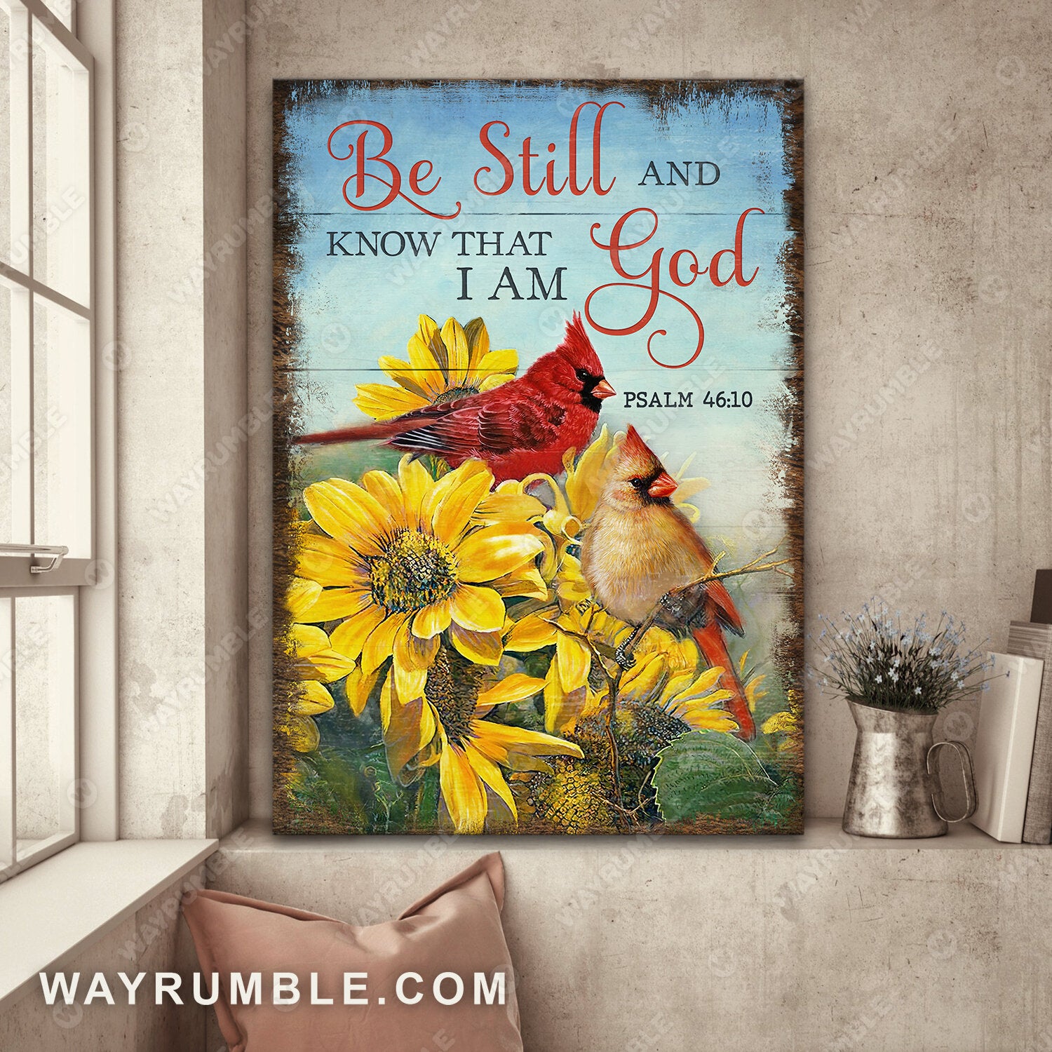 Cardinal painting, Yellow flower field, Be still and know that I am God - Jesus Portrait Canvas Prints, Wall Art
