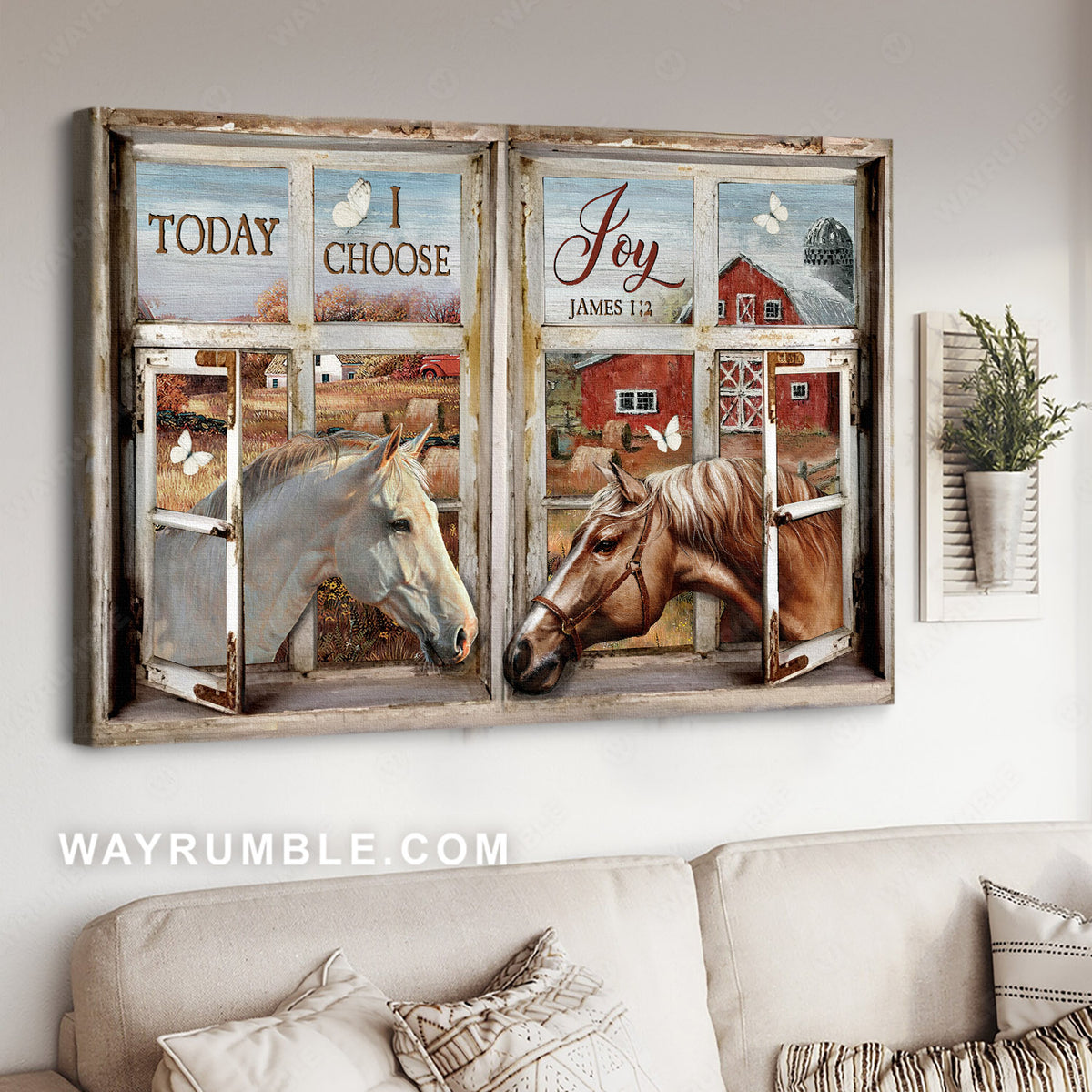 White horse, Brown horse, Face to face, Farm life, Today I choose joy - Jesus Landscape Canvas Prints, Christian Wall Art