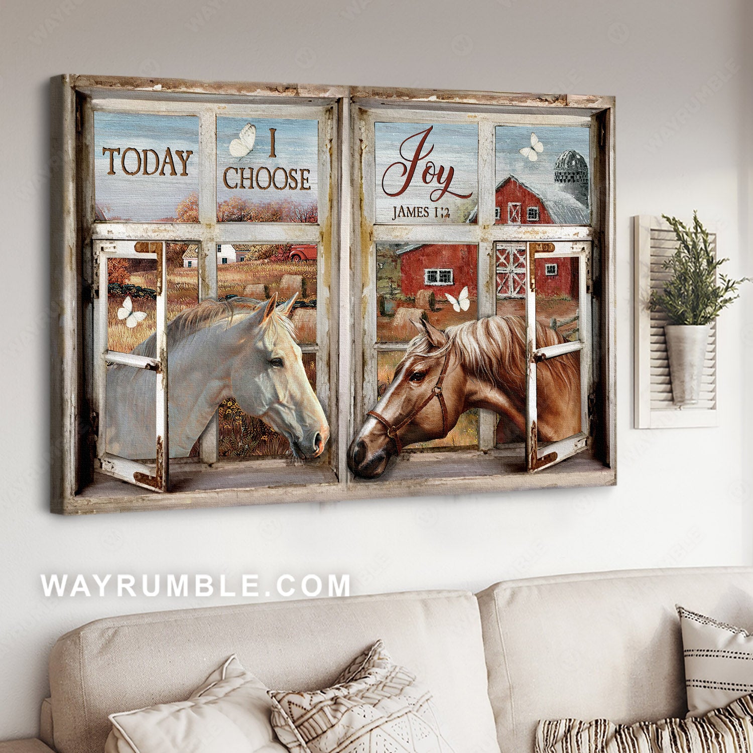 White horse, Brown horse, Face to face, Farm life, Today I choose joy - Jesus Landscape Canvas Prints, Christian Wall Art