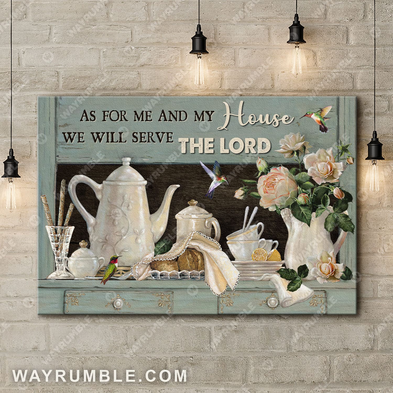 Tea pot, Light pink flower, Colorful hummingbird, As for me and my house we will serve the Lord - Jesus Landscape Canvas Prints, Wall Art