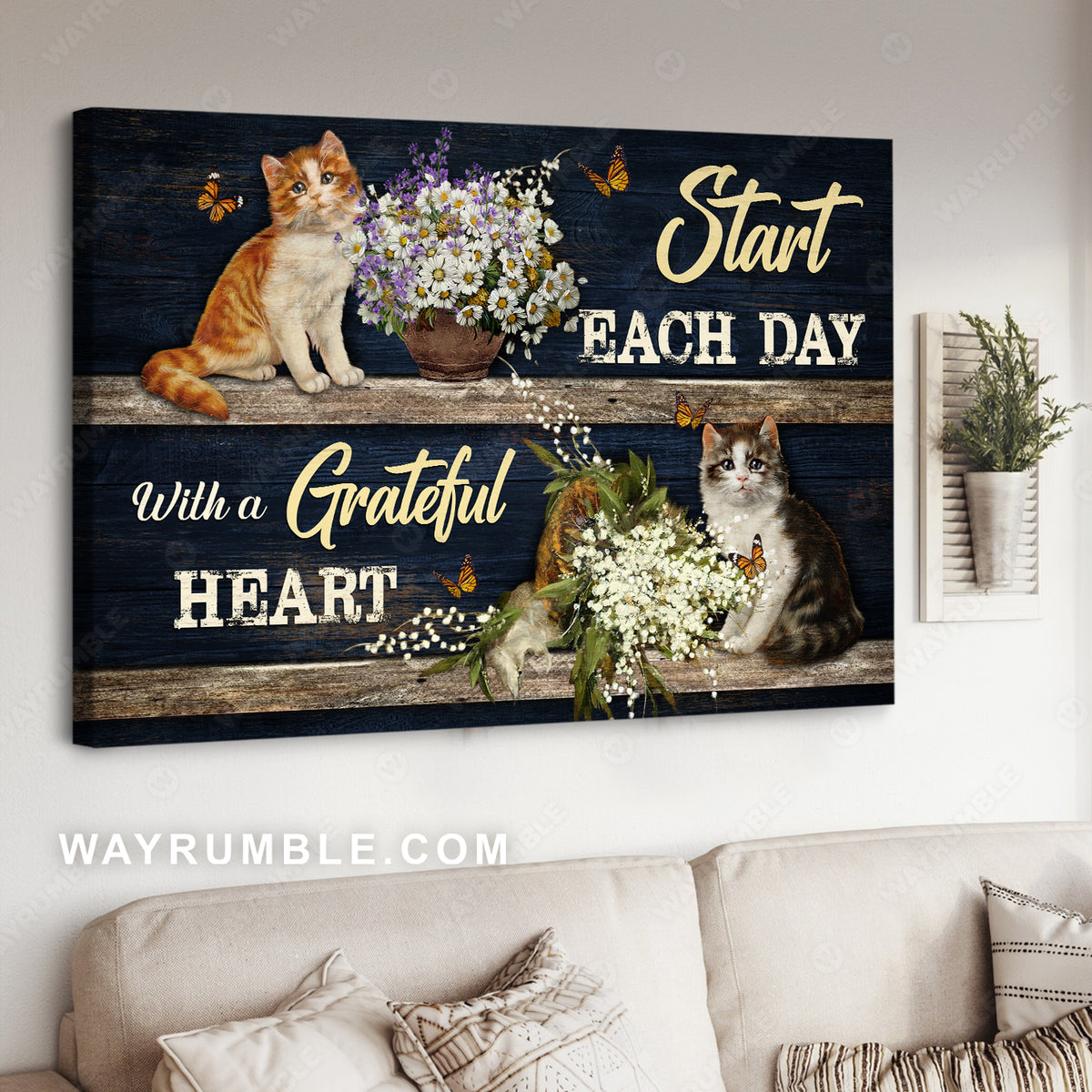 Cute cat drawing, Beautiful flower, Start each day with a grateful heart - Jesus Landscape Canvas Prints, Christian Wall Art