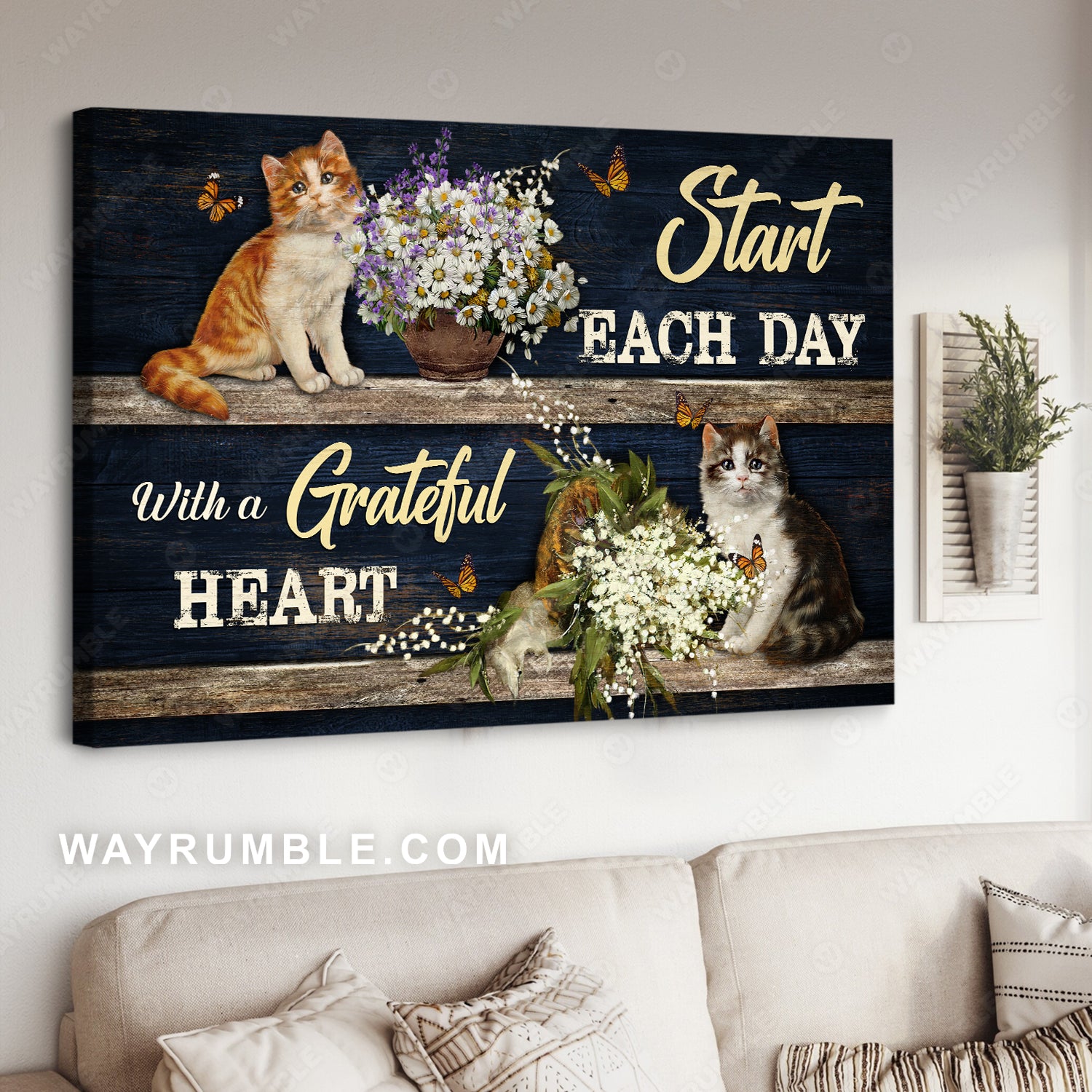 Cute cat drawing, Beautiful flower, Start each day with a grateful heart - Jesus Landscape Canvas Prints, Christian Wall Art