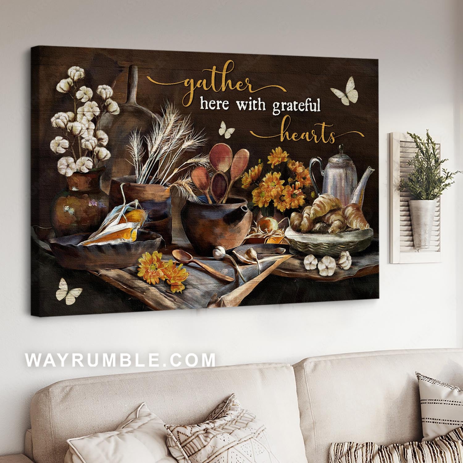 Kitchen tools, Cotton flower, White butterfly, Gather here with grateful hearts - Jesus Landscape Canvas Prints, Christian Wall Art