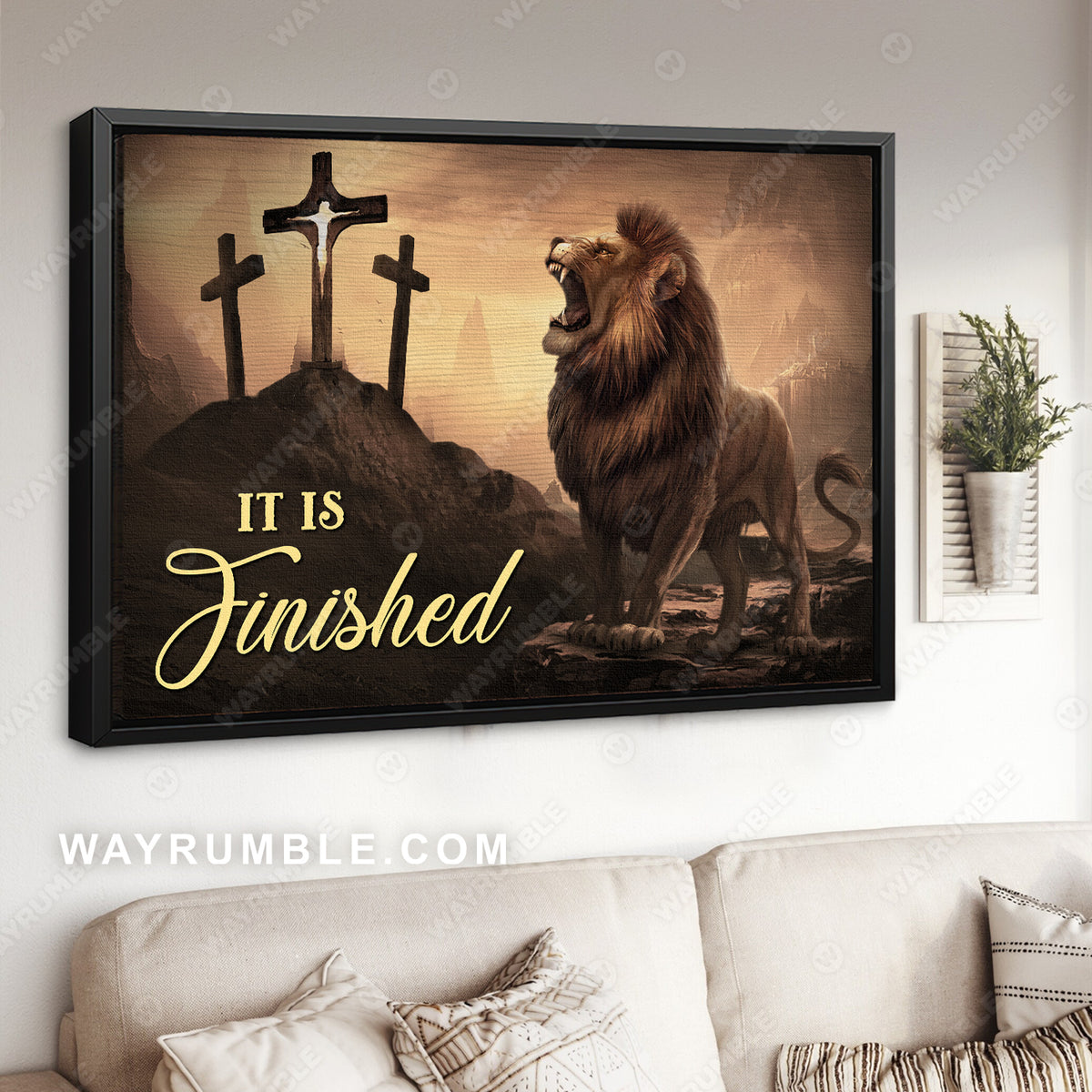 Lion king, Rock mountain, Cross symbol, King of Kings, It is finished - Jesus Landscape Canvas Prints, Christian Wall Art