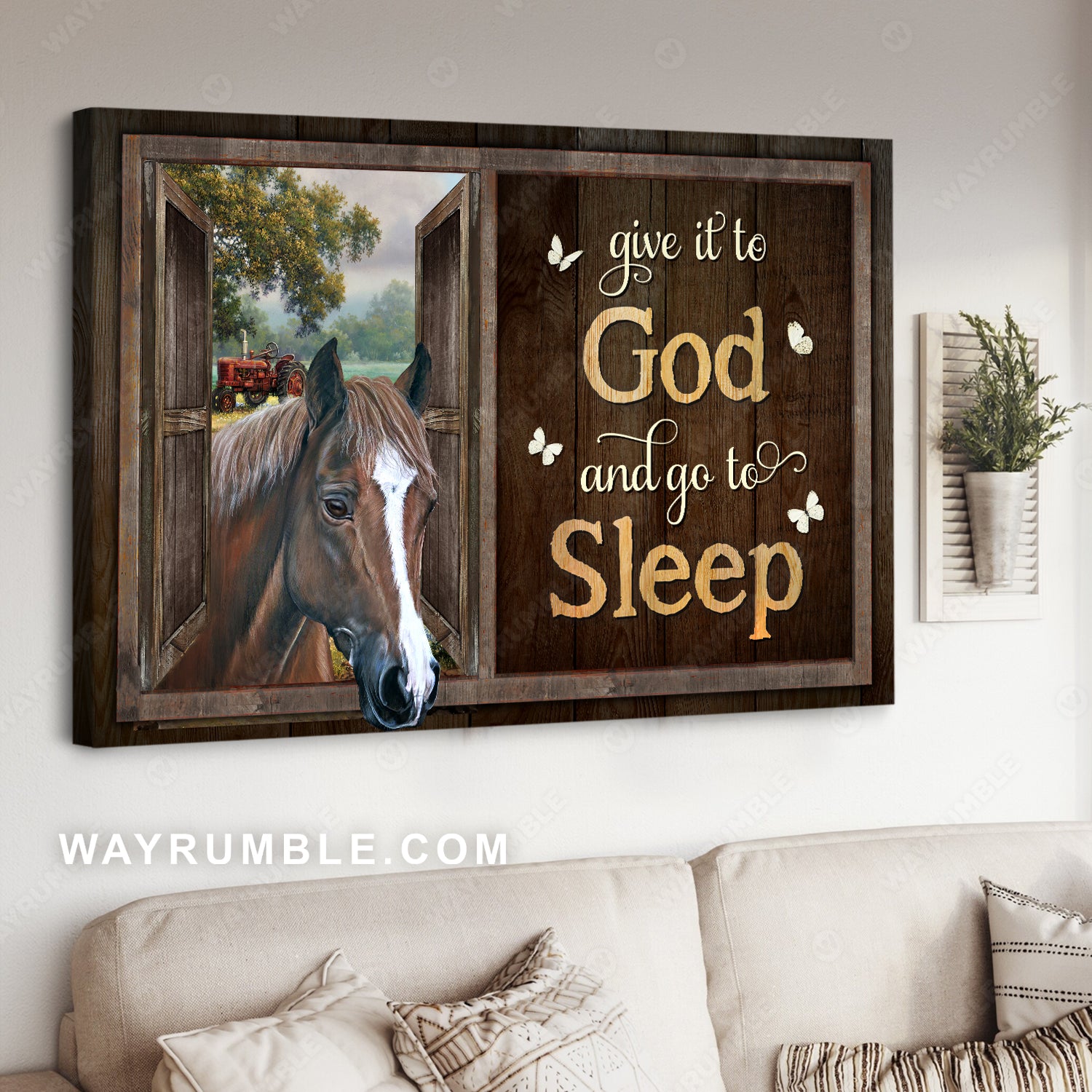 Brown horse, Wooden window, Give it to God and go to sleep - Jesus Landscape Canvas Prints, Christian Wall Art