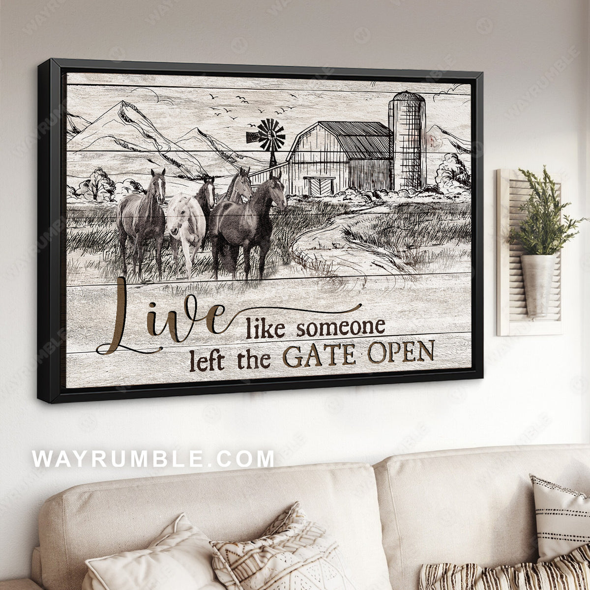 Horse drawing, Black and white painting, Live like someone - Jesus Landscape Canvas Prints, Christian Wall Art