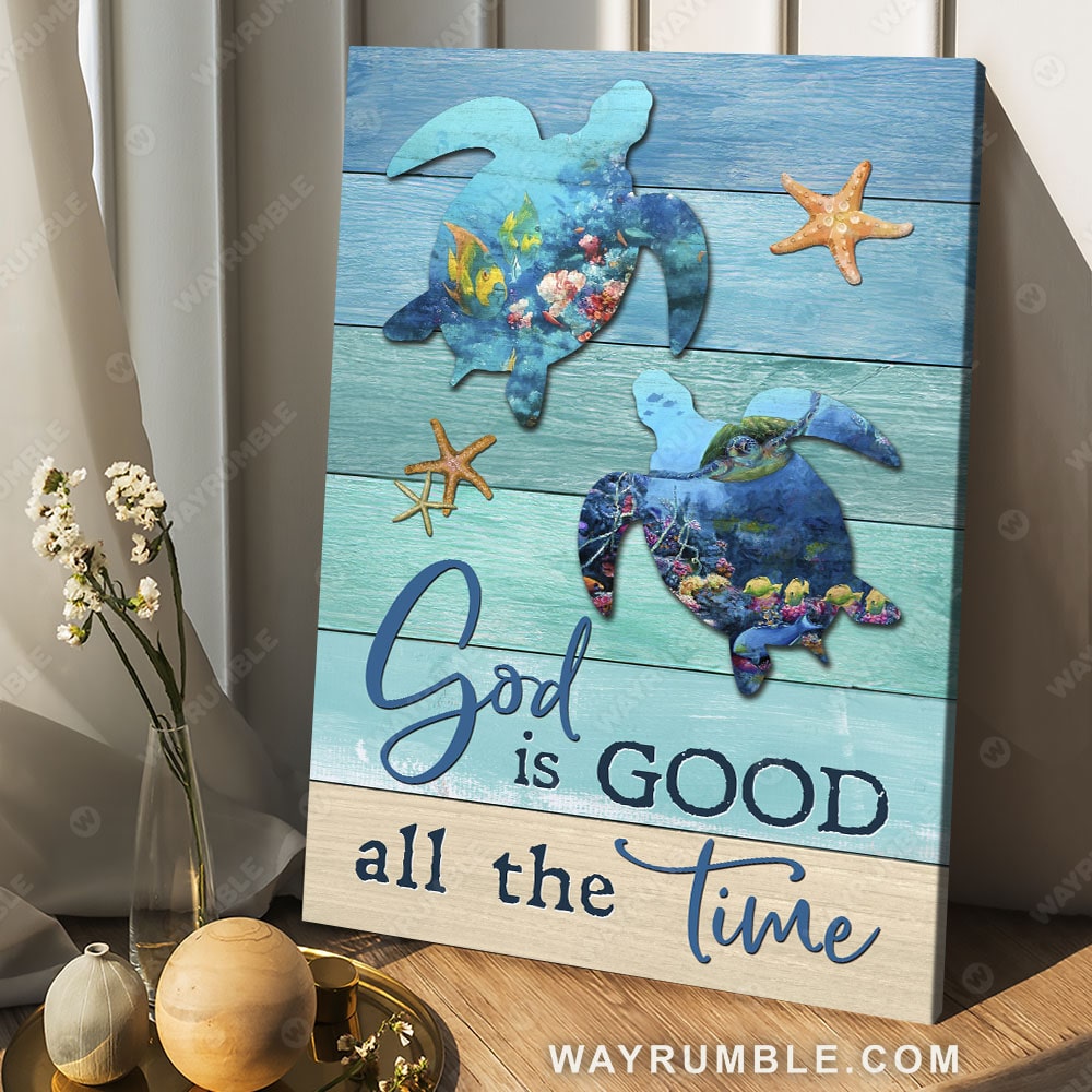 Watercolor sea turtle, Starfish drawing, Ocean background, God is good all the time - Jesus Portrait Canvas Prints, Christian Wall Art