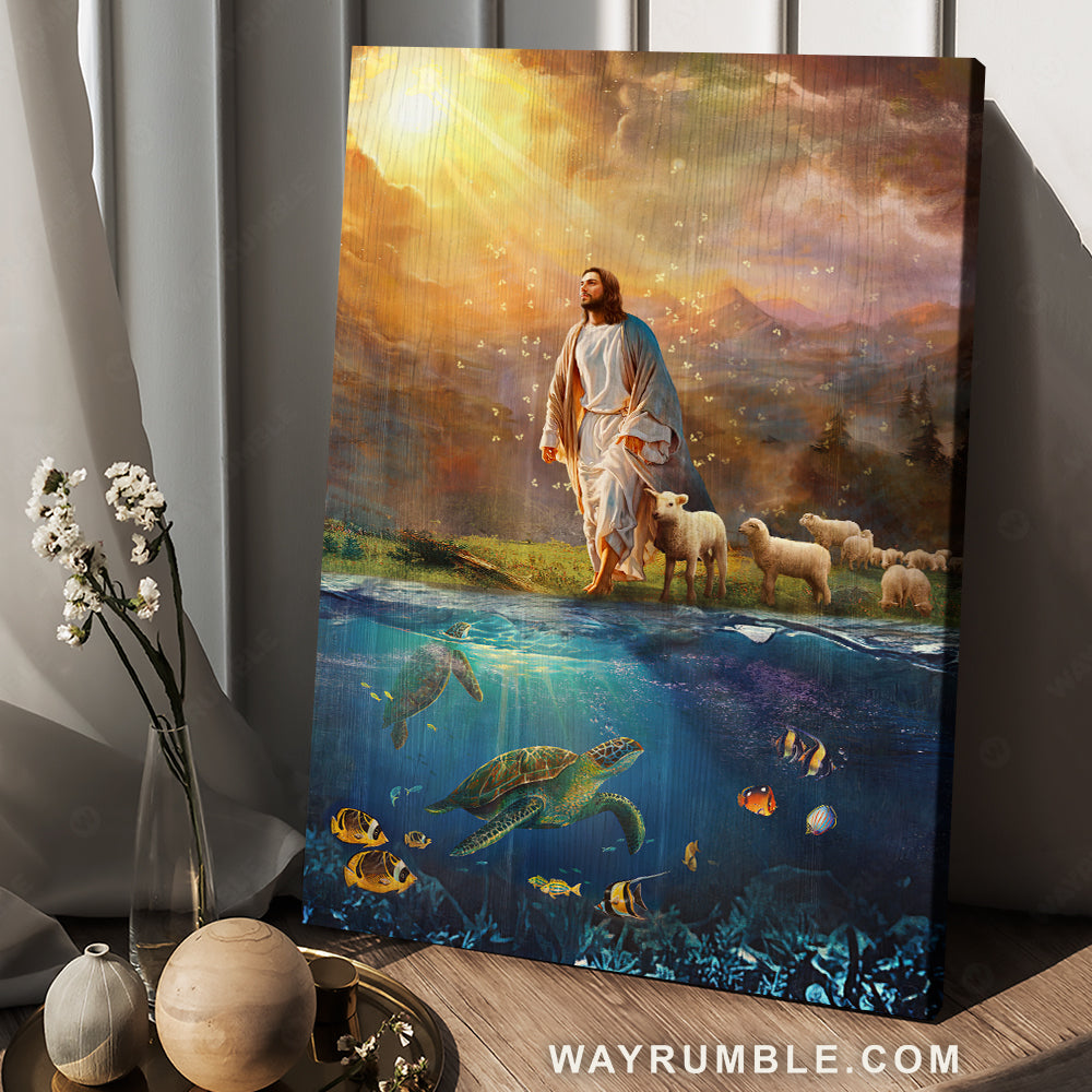 Jesus with animals, Deep ocean, Walking with Jesus - Jesus Portrait Canvas Prints, Christian Wall Art