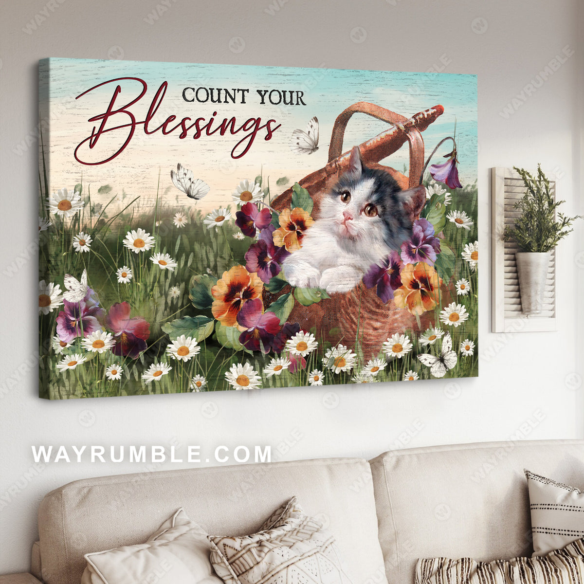 Kitty drawing, Daisy garden, Wicker baskets, Count your blessings - Jesus Landscape Canvas Prints, Christian Wall Art