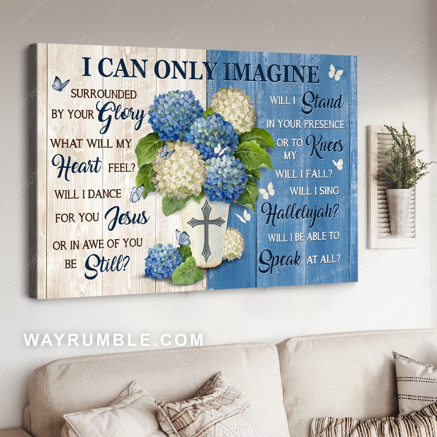 Hydrangea flower, Blue butterfly, Cross symbol, I can only imagine - Jesus Landscape Canvas Prints, Christian Wall Art