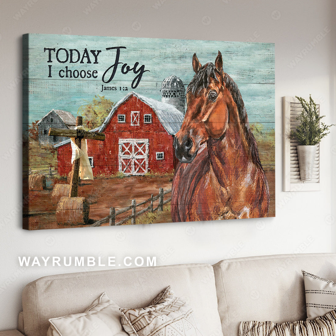 Watercolor horse, Beautiful farm, Red house, Today I choose joy - Jesus Landscape Canvas Prints, Christian Wall Art