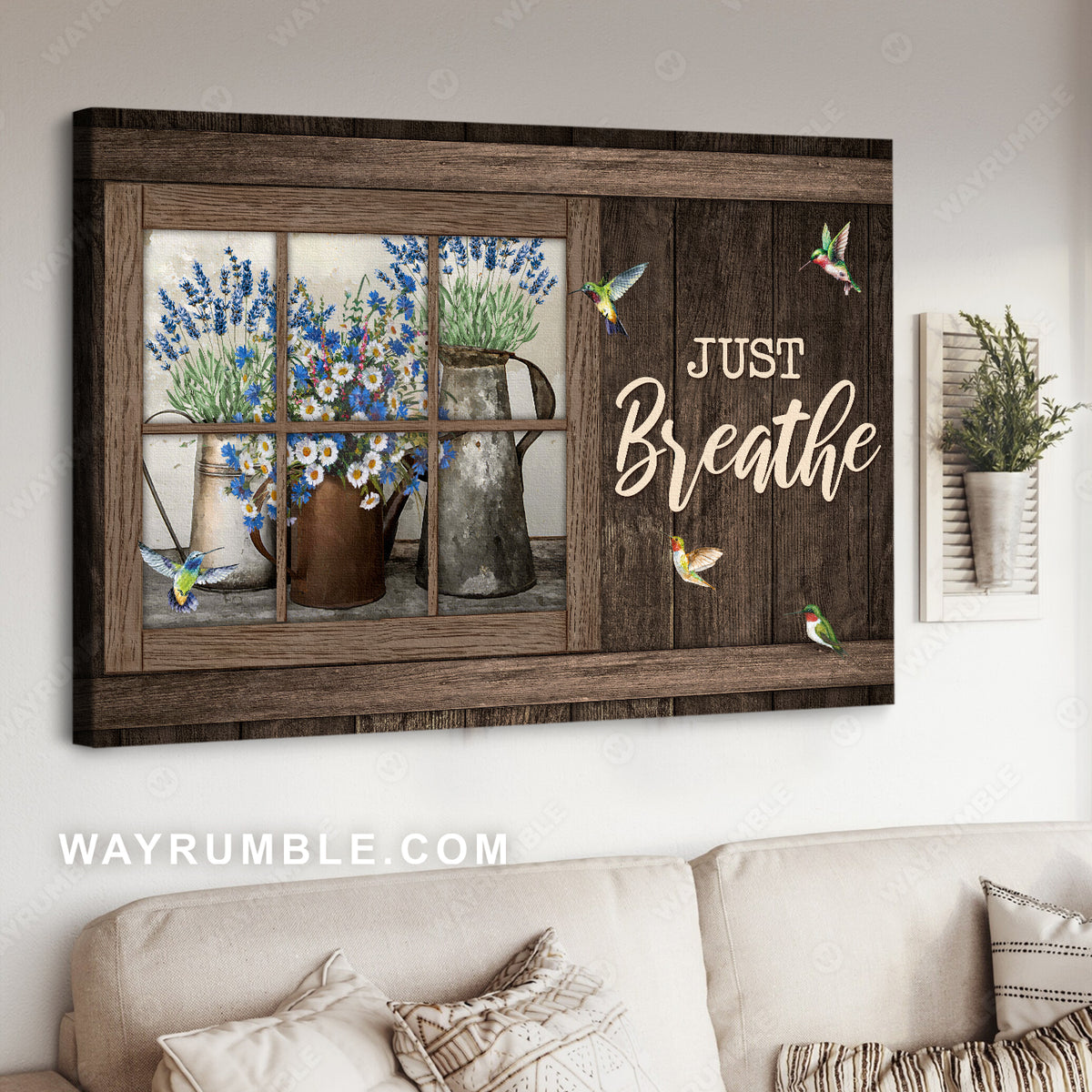 Wooden window, Pretty flower vase, Lovely hummingbird, Just breathe - Jesus Landscape Canvas Prints, Home Decor Wall Art