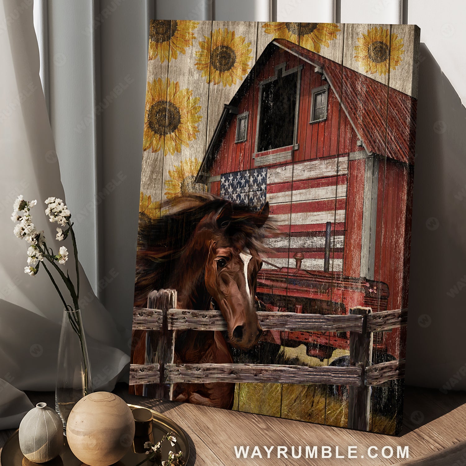 Vintage house, Amazing US flag, Quarter horse, Sunflower background - Jesus Portrait Canvas Prints, Christian Wall Art
