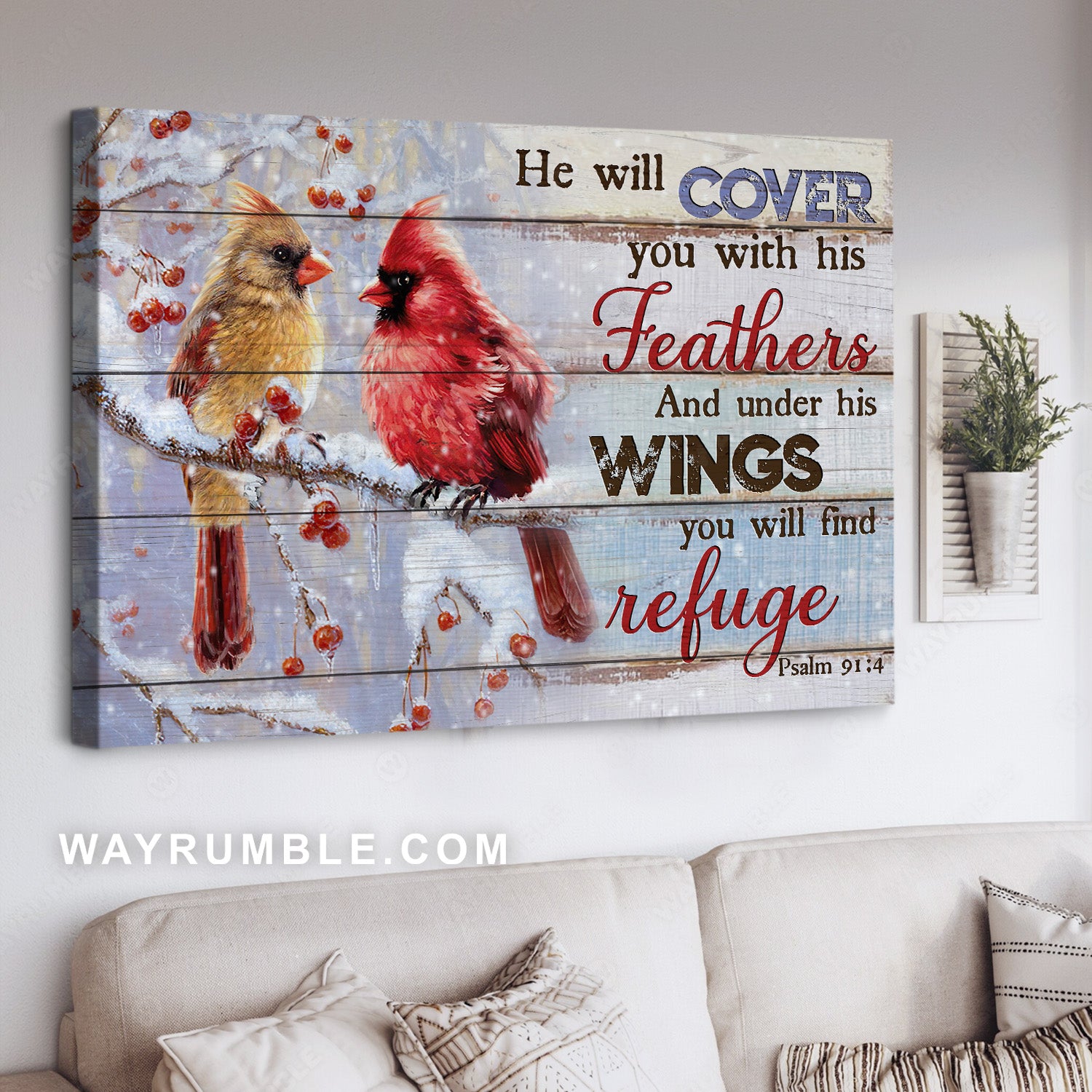 Big cardinal, Cranberry drawing, He will cover you with his feathers - Jesus Landscape Canvas Prints, Home Decor Wall Art