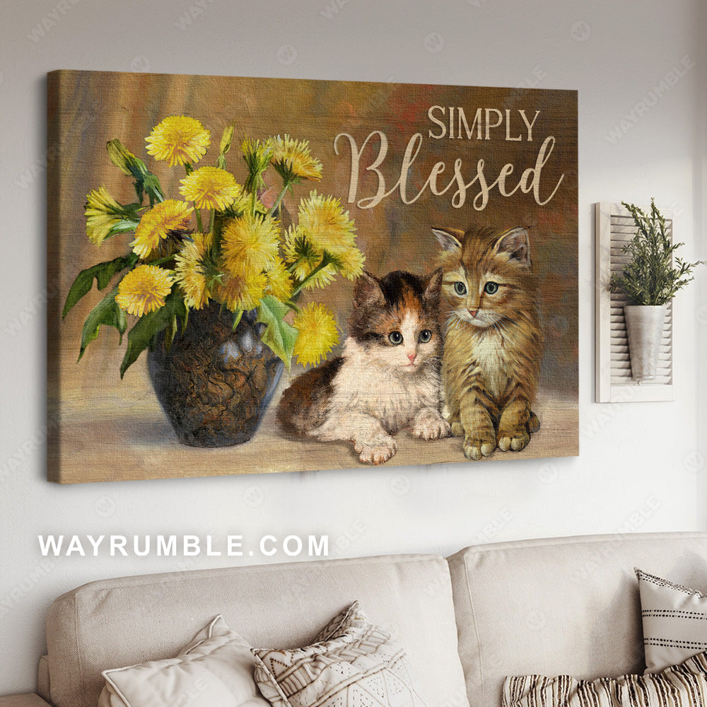 Cute cat drawing, Chrysanthemum flower, Simply blessed - Jesus Landscape Canvas Prints, Christian Wall Art