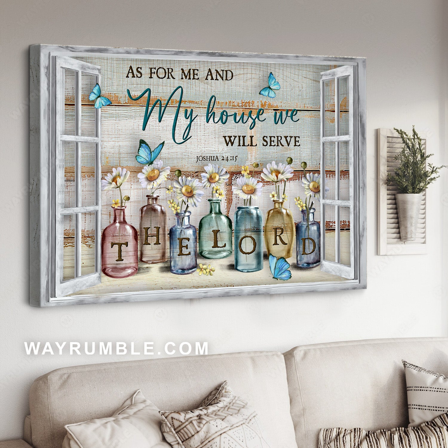 Little bottle, Small daisy, Blue butterfly, My house we will serve - Jesus Landscape Canvas Prints, Home Decor Wall Art