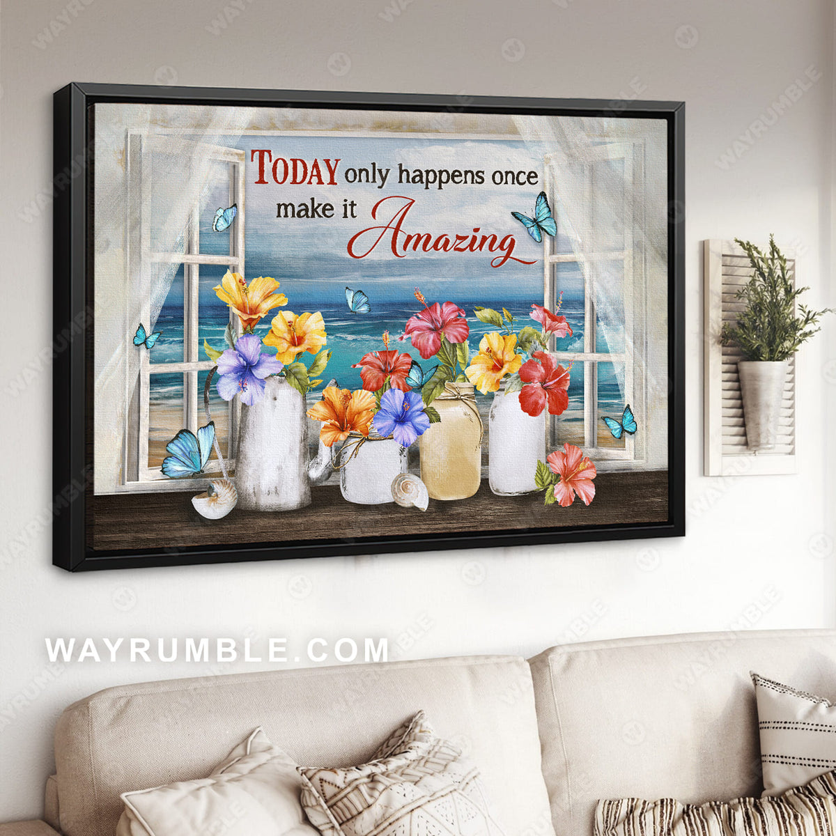 Colorful hibiscus flower, Beach painting, Today only happens once, Make it amazing - Jesus Landscape Canvas Prints, Christian Wall Art