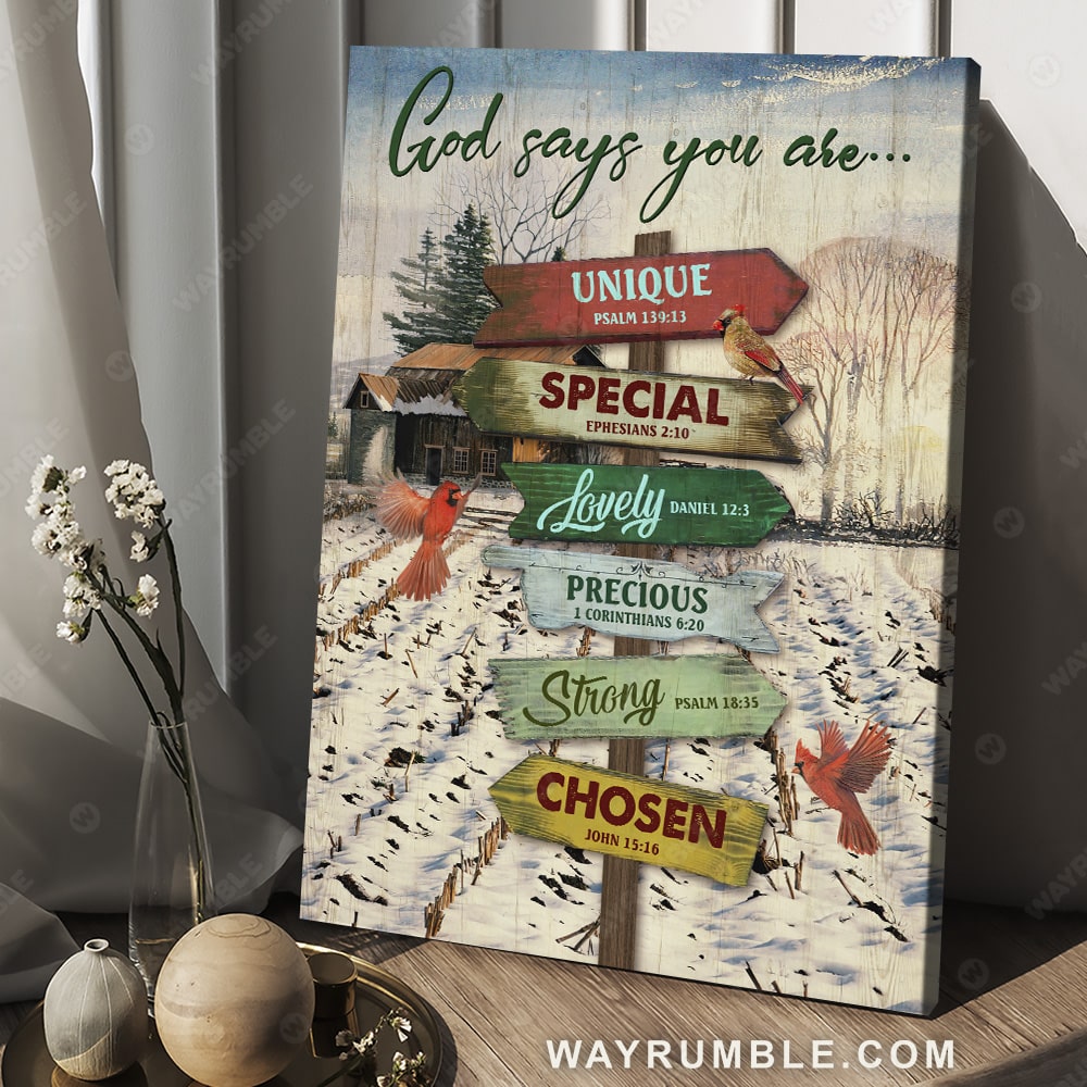 Snow field, Wooden sign, Red cardinal, God says you are unique - Jesus Portrait Canvas Prints, Christian Wall Art