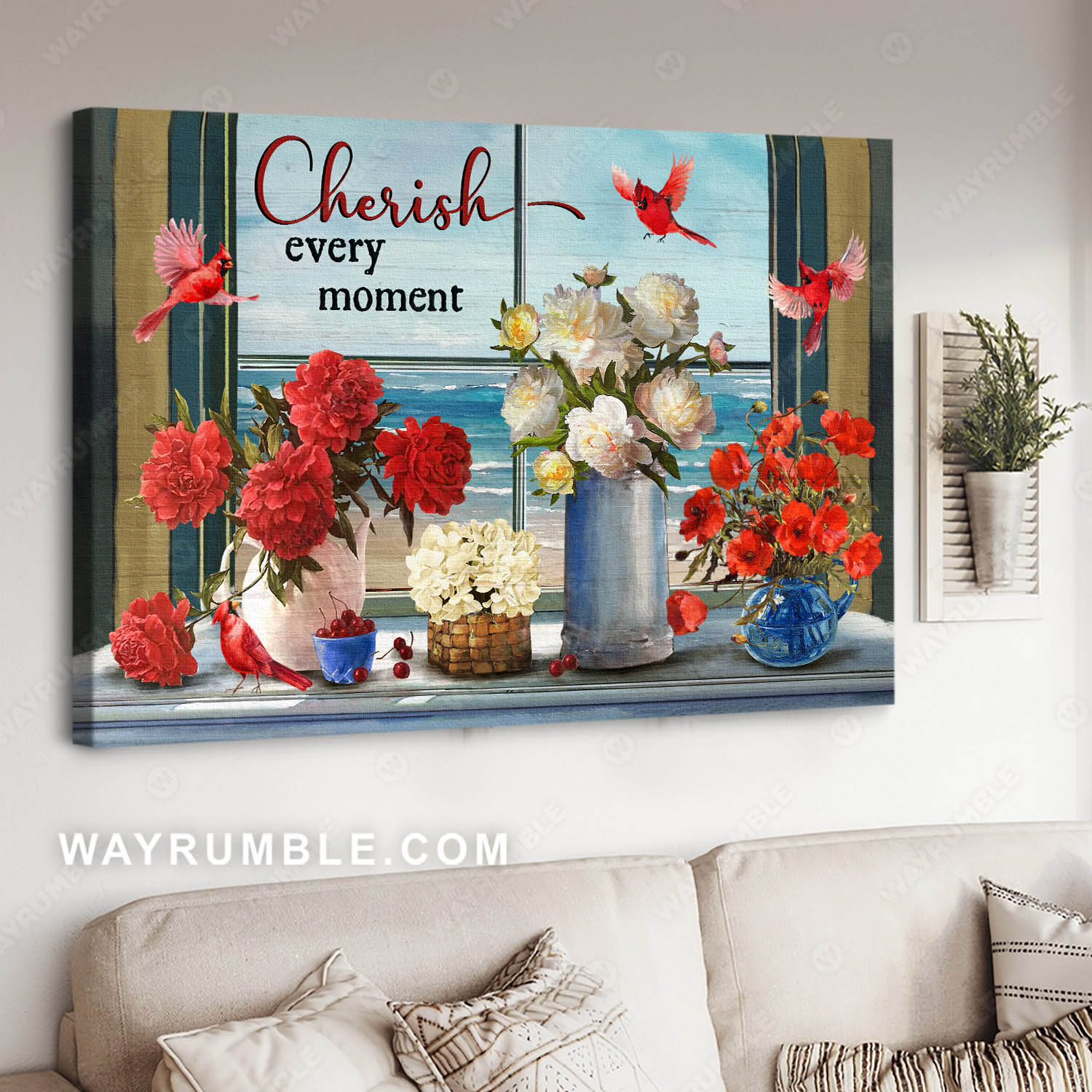 Vintage painting, Cardinals, Red and white flower vase, Beach view window, Still life drawing Cherish every moment - Jesus Landscape Canvas Prints, Christian Wall Art